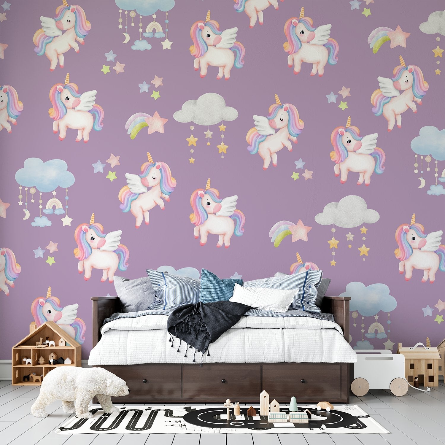Whimsical flying unicorns with pastel manes scattered among clouds and stars on pink background - view 11 - final