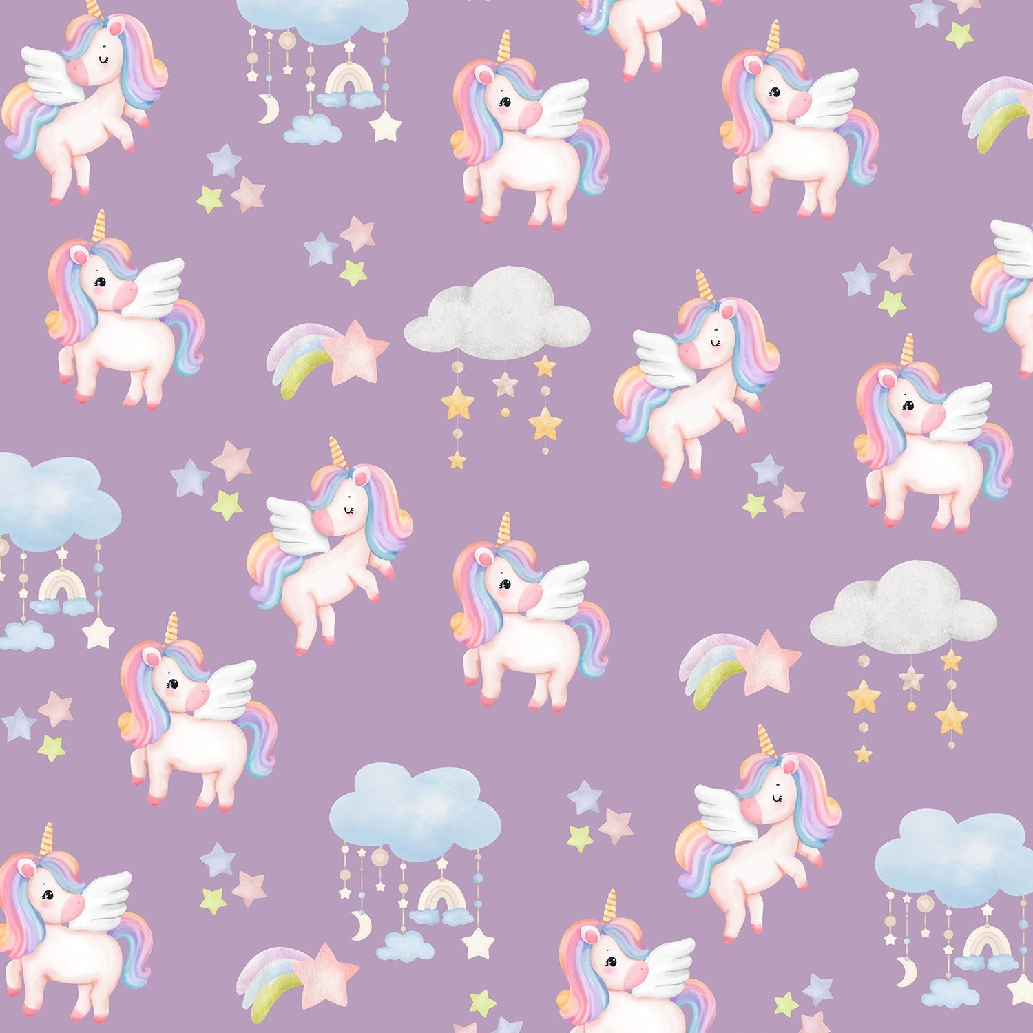 Whimsical flying unicorns with pastel manes scattered among clouds and stars on pink background - view 12 - final