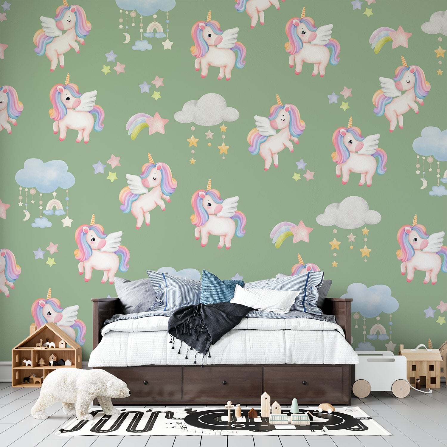 Whimsical flying unicorns with pastel manes scattered among clouds and stars on pink background - view 15 - final