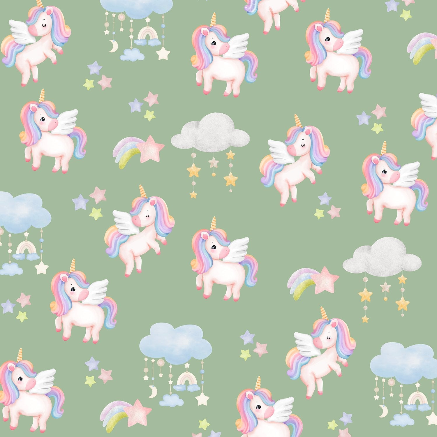 Whimsical flying unicorns with pastel manes scattered among clouds and stars on pink background - view 16 - final