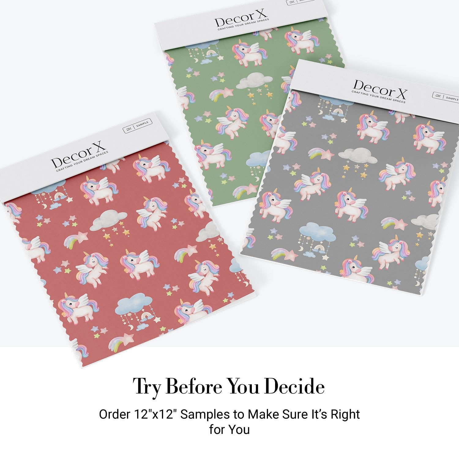 Whimsical flying unicorns with pastel manes scattered among clouds and stars on pink background - view 19 - final all-groups samples