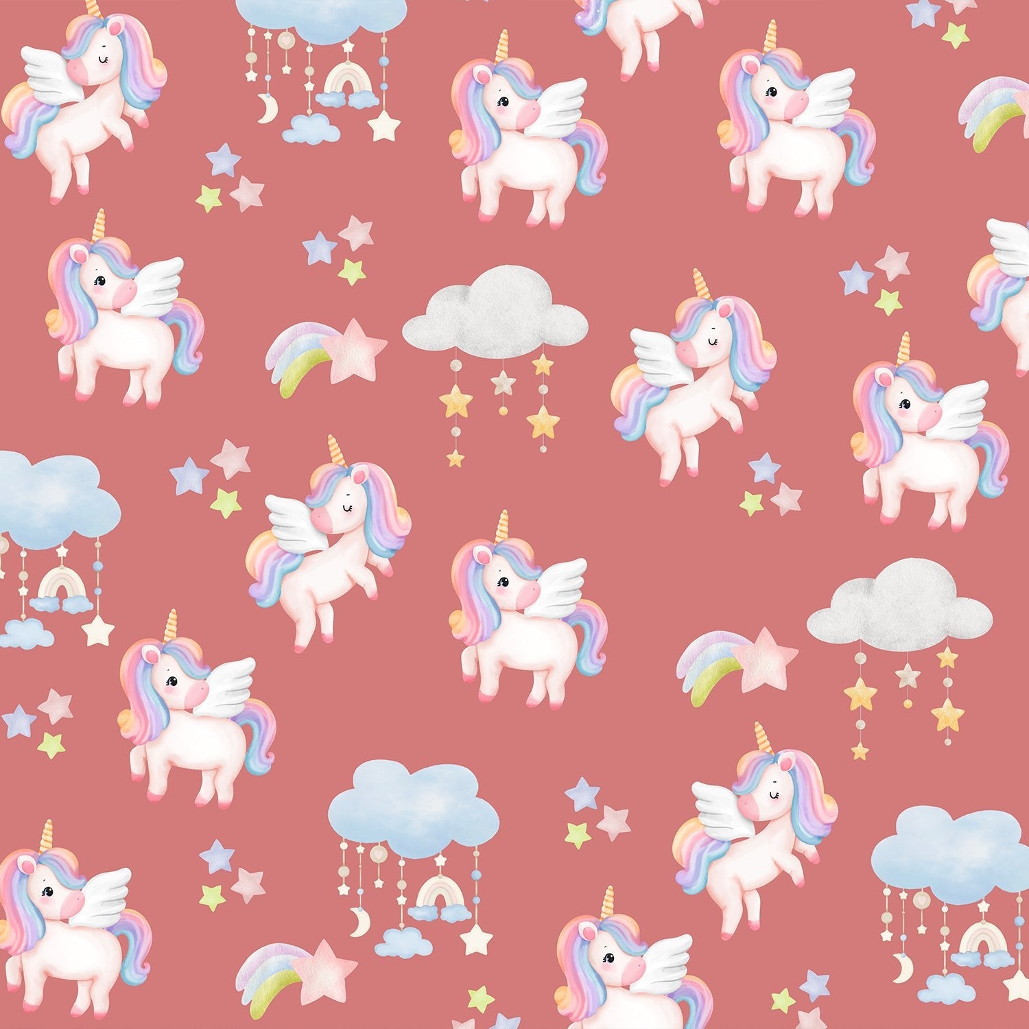 Whimsical flying unicorns with pastel manes scattered among clouds and stars on pink background - view 2 - final