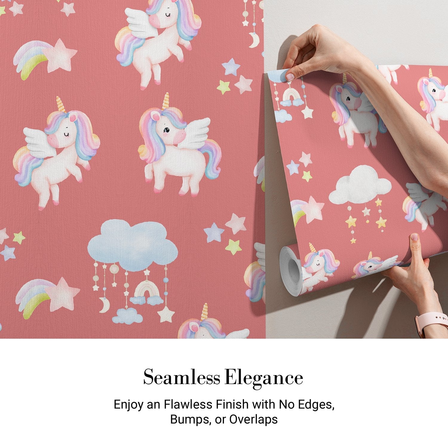 Whimsical flying unicorns with pastel manes scattered among clouds and stars on pink background - view 3 - final