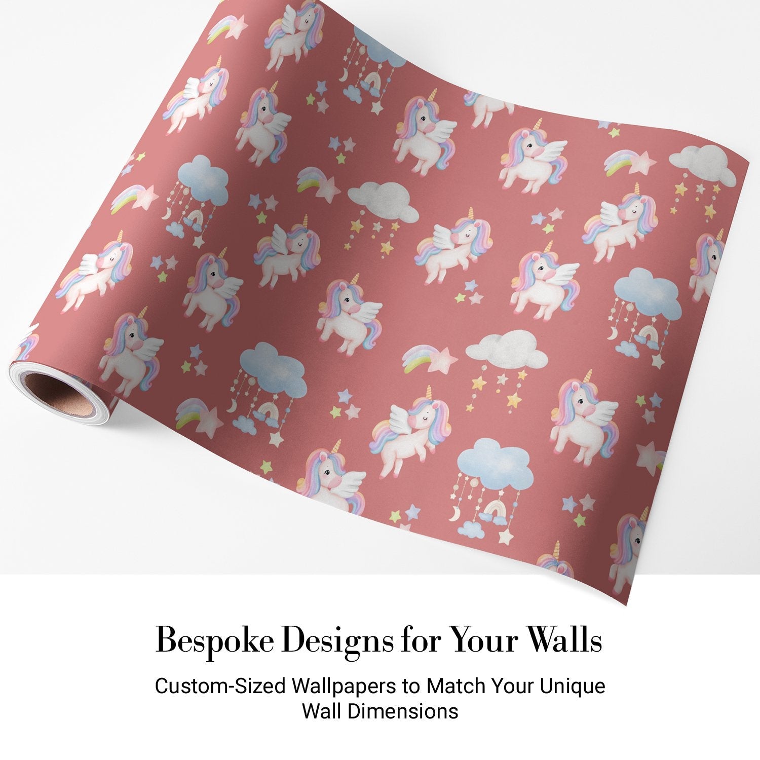 Whimsical flying unicorns with pastel manes scattered among clouds and stars on pink background - view 4 - final