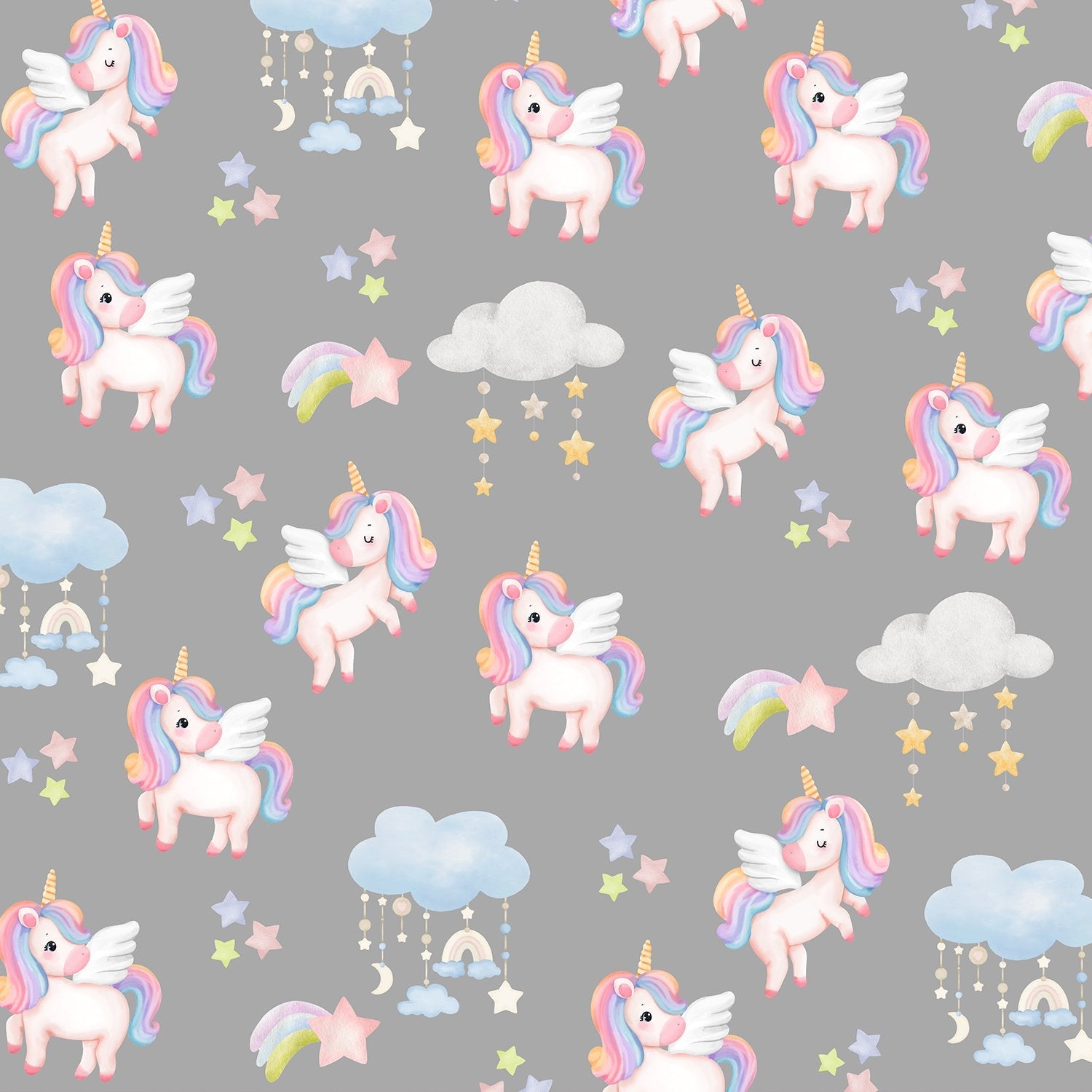 Whimsical flying unicorns with pastel manes scattered among clouds and stars on pink background - view 8 - final