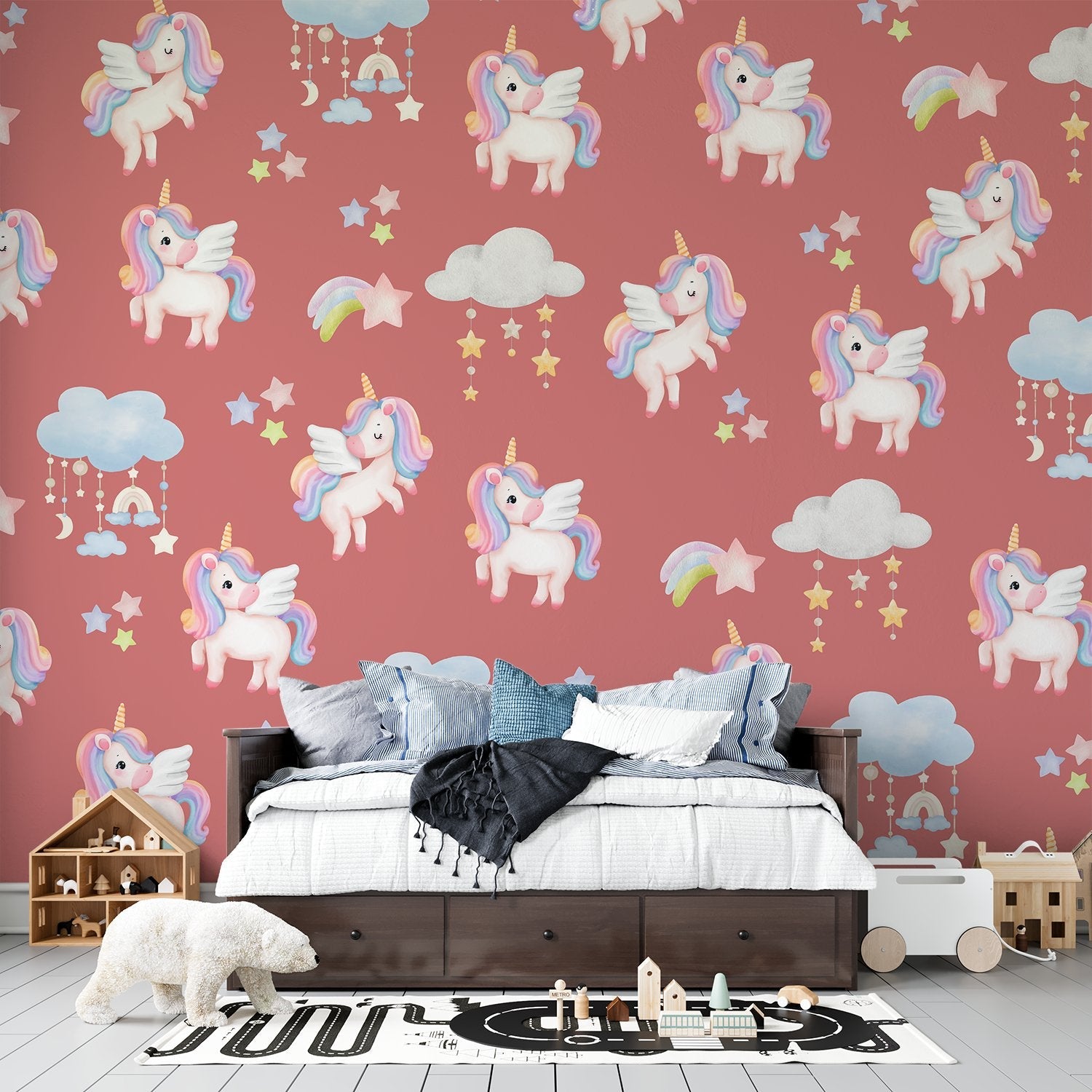 Whimsical flying unicorns with pastel manes scattered among clouds and stars on pink background - final kids-room