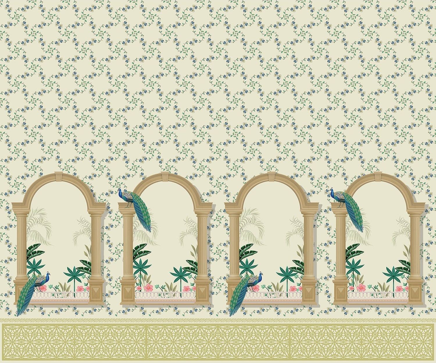 Peacock feathers and flora in lea - "flora" wallpaper mural-inequal final