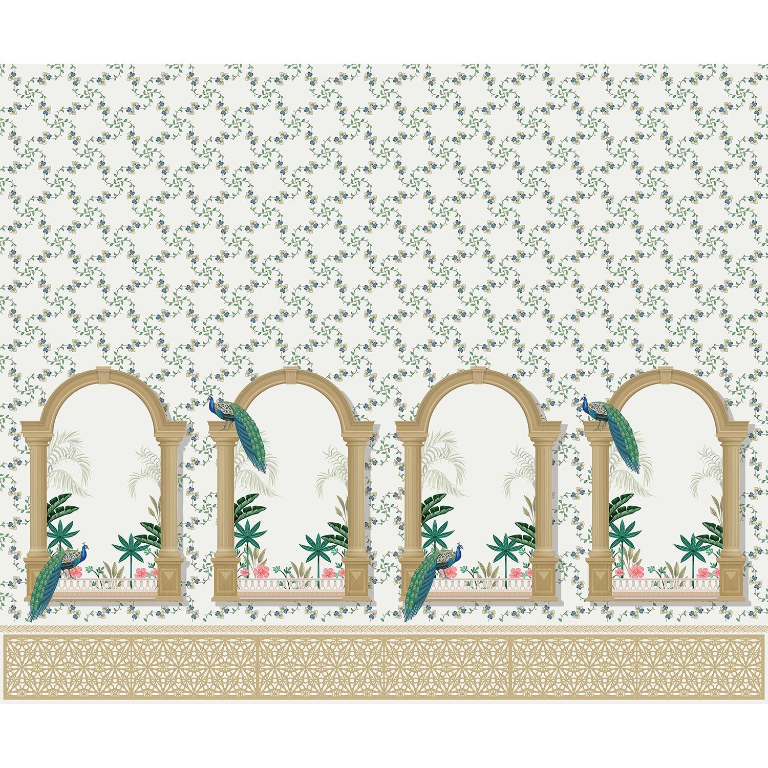 Peacock feathers and flora in lea - "flora" wallpaper mural-equal final
