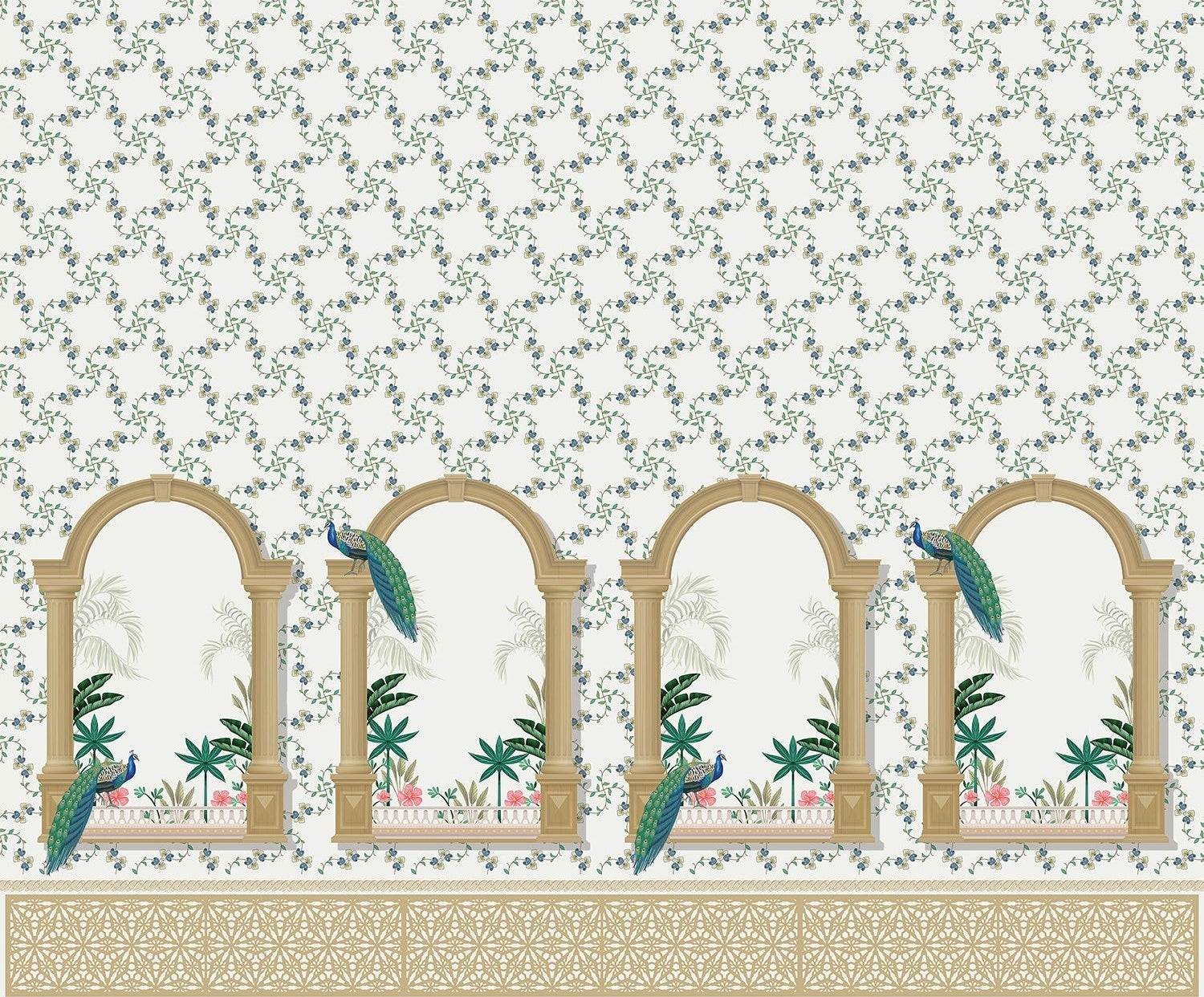 Peacock feathers and flora in lea - "flora" wallpaper mural-inequal final