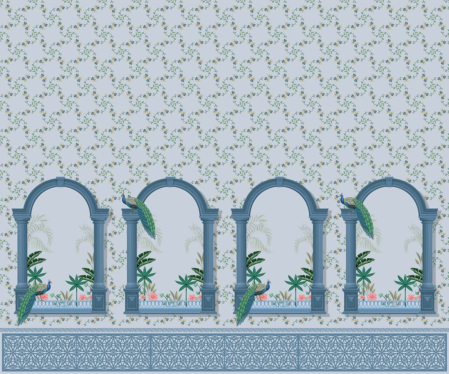 Peacock feathers and flora in lea - "flora" wallpaper mural-inequal final