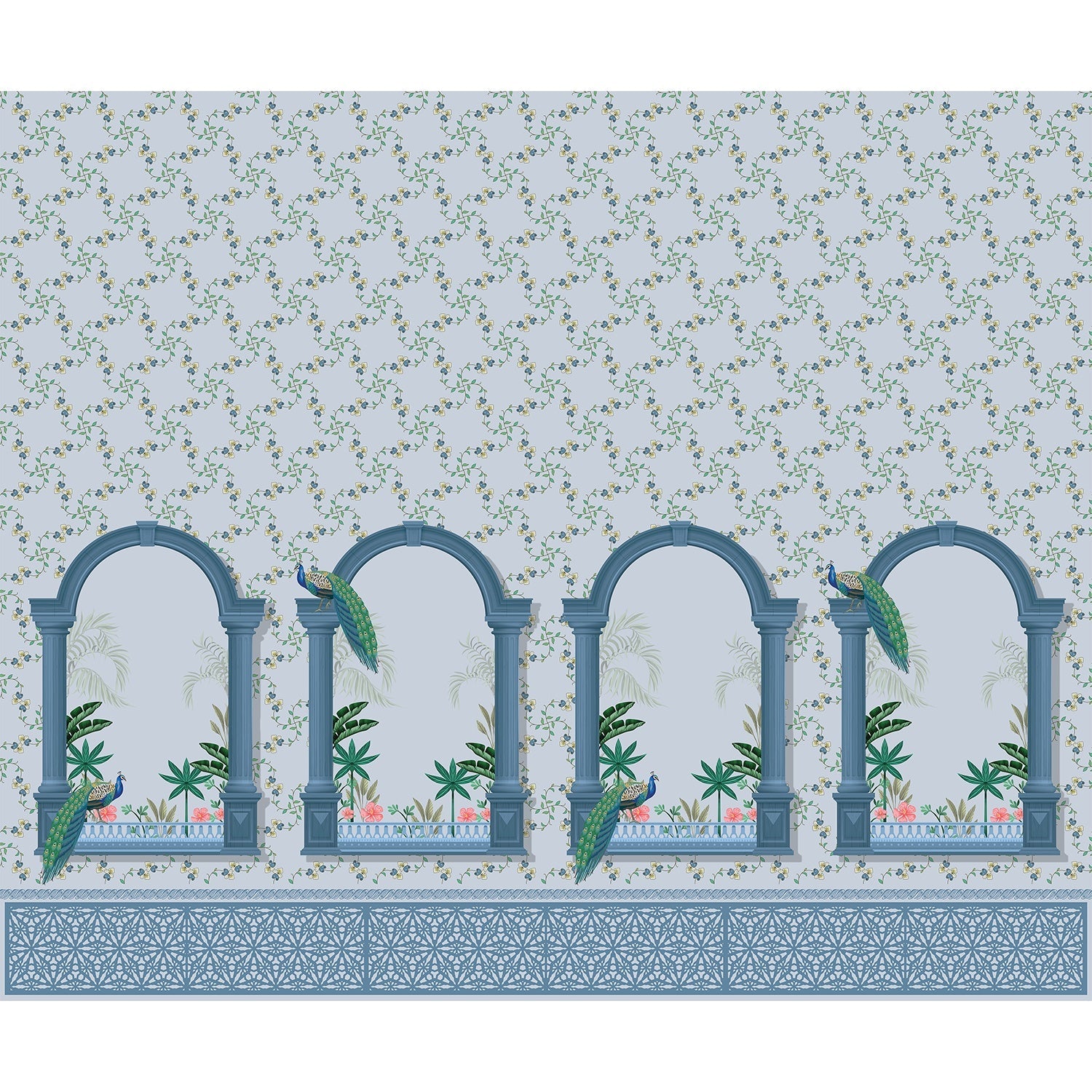 Peacock feathers and flora in lea - "flora" wallpaper mural-equal final