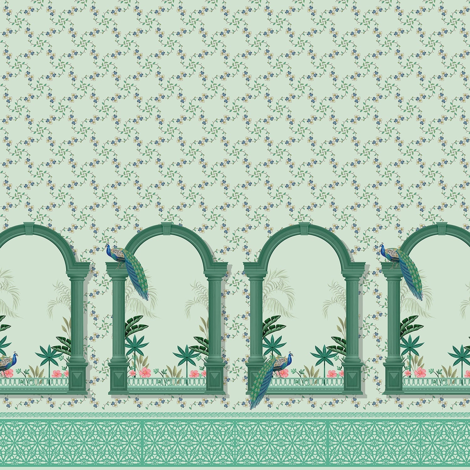 Vintage mint green arches with hummingbirds and floral vines create elegant tropical sanctuary - view 2 - final