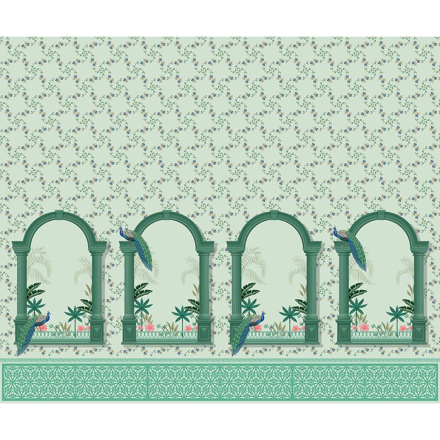 Peacock feathers and flora in lea - "flora" wallpaper mural-equal final
