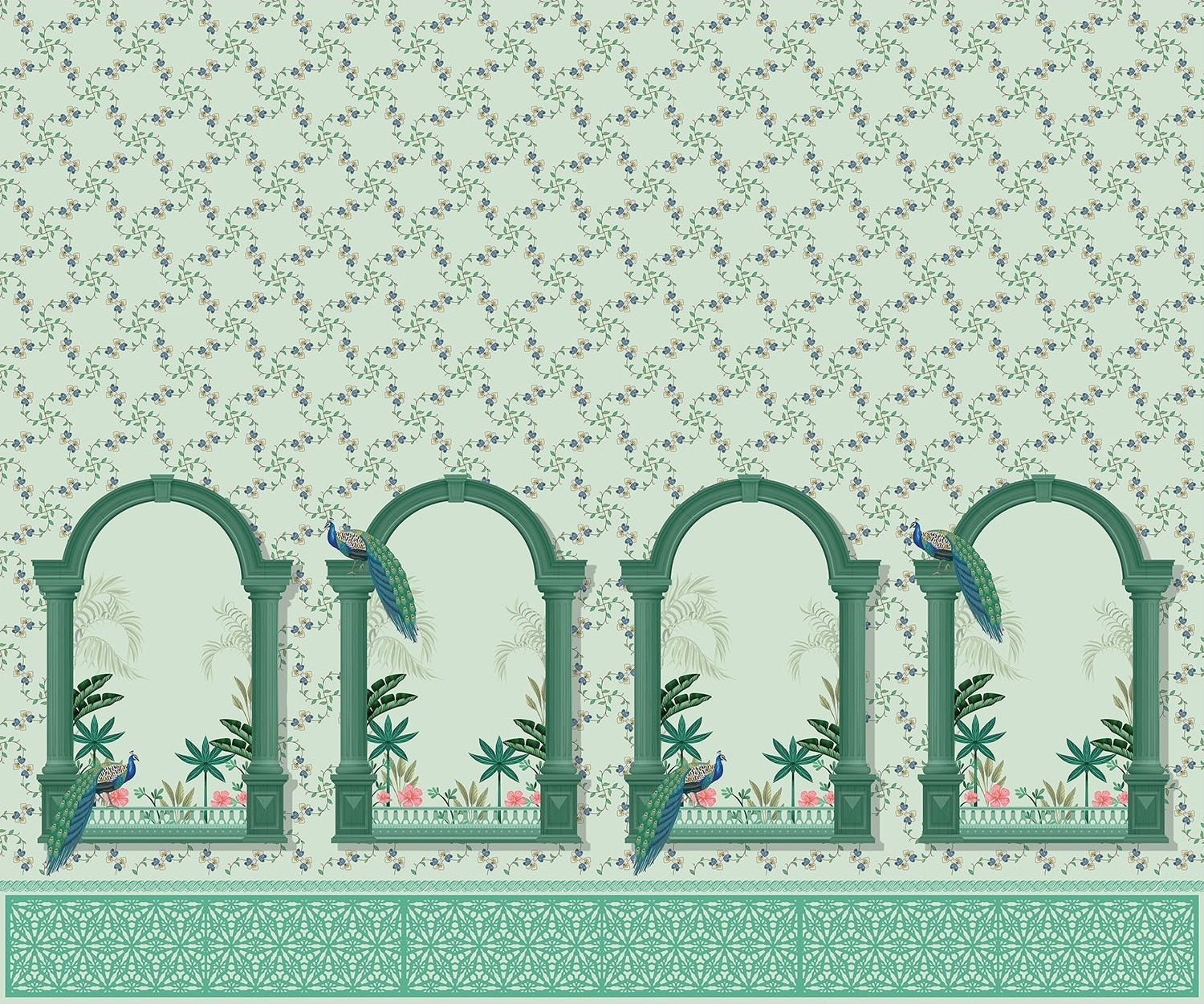 Peacock feathers and flora in lea - "flora" wallpaper mural-inequal final