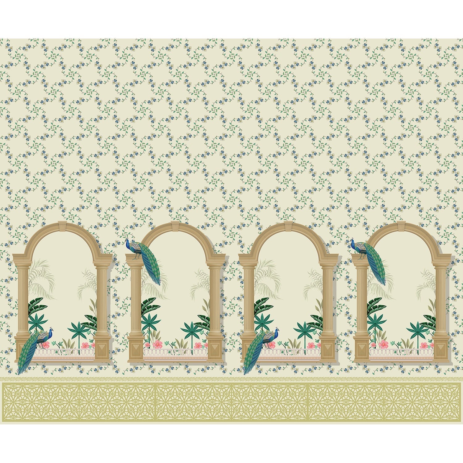 Peacock feathers and flora in lea - "flora" wallpaper mural-equal final