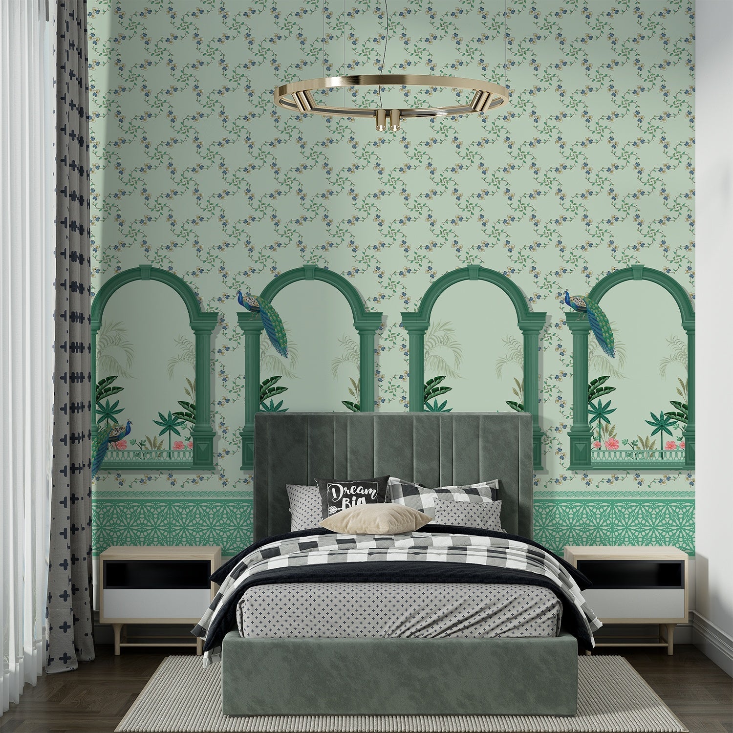 Vintage mint green arches with hummingbirds and floral vines create elegant tropical sanctuary - final bed-room