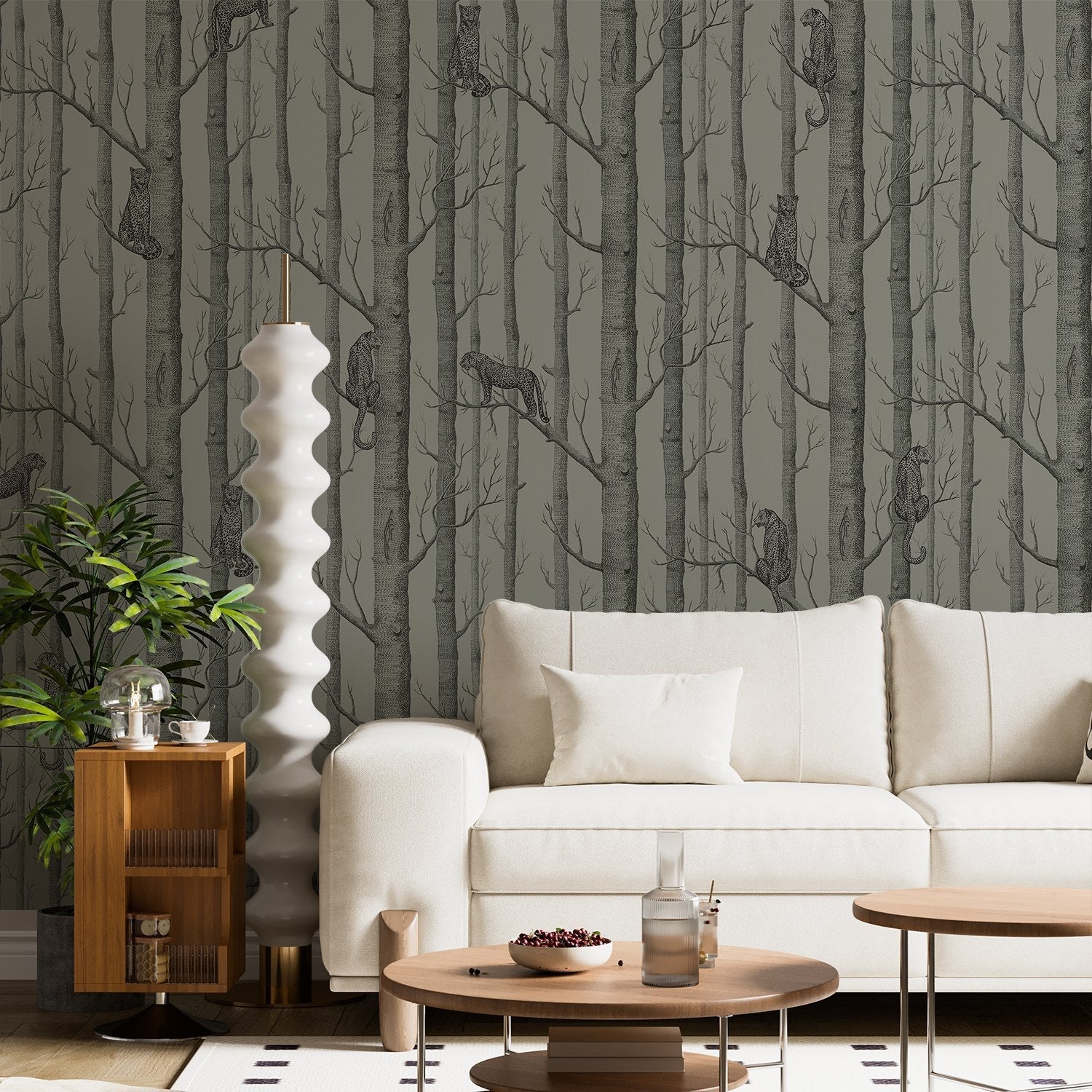 Serene woodland scene with silver birch trees on sage green background, modern Scandinavian style - view 13 - final