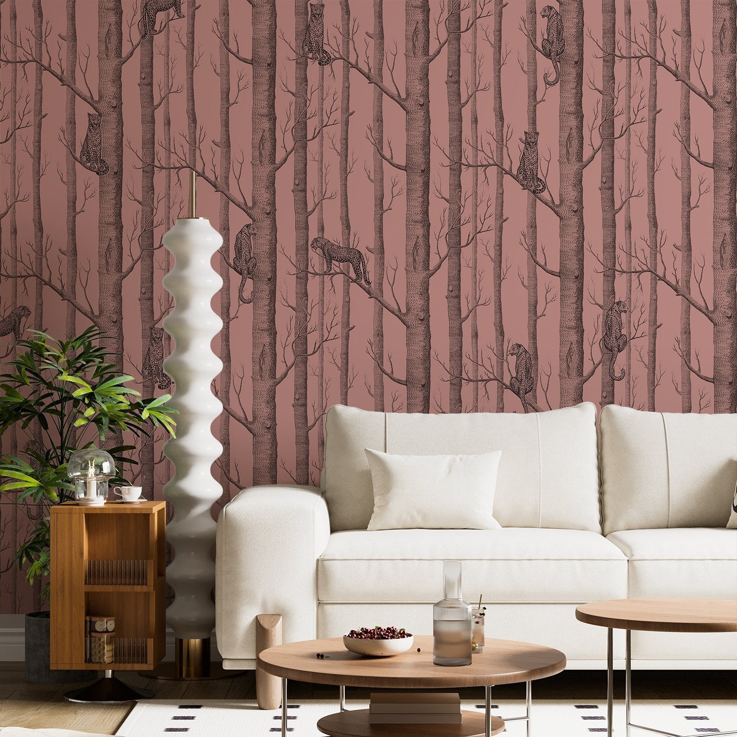 Serene woodland scene with silver birch trees on sage green background, modern Scandinavian style - view 17 - final