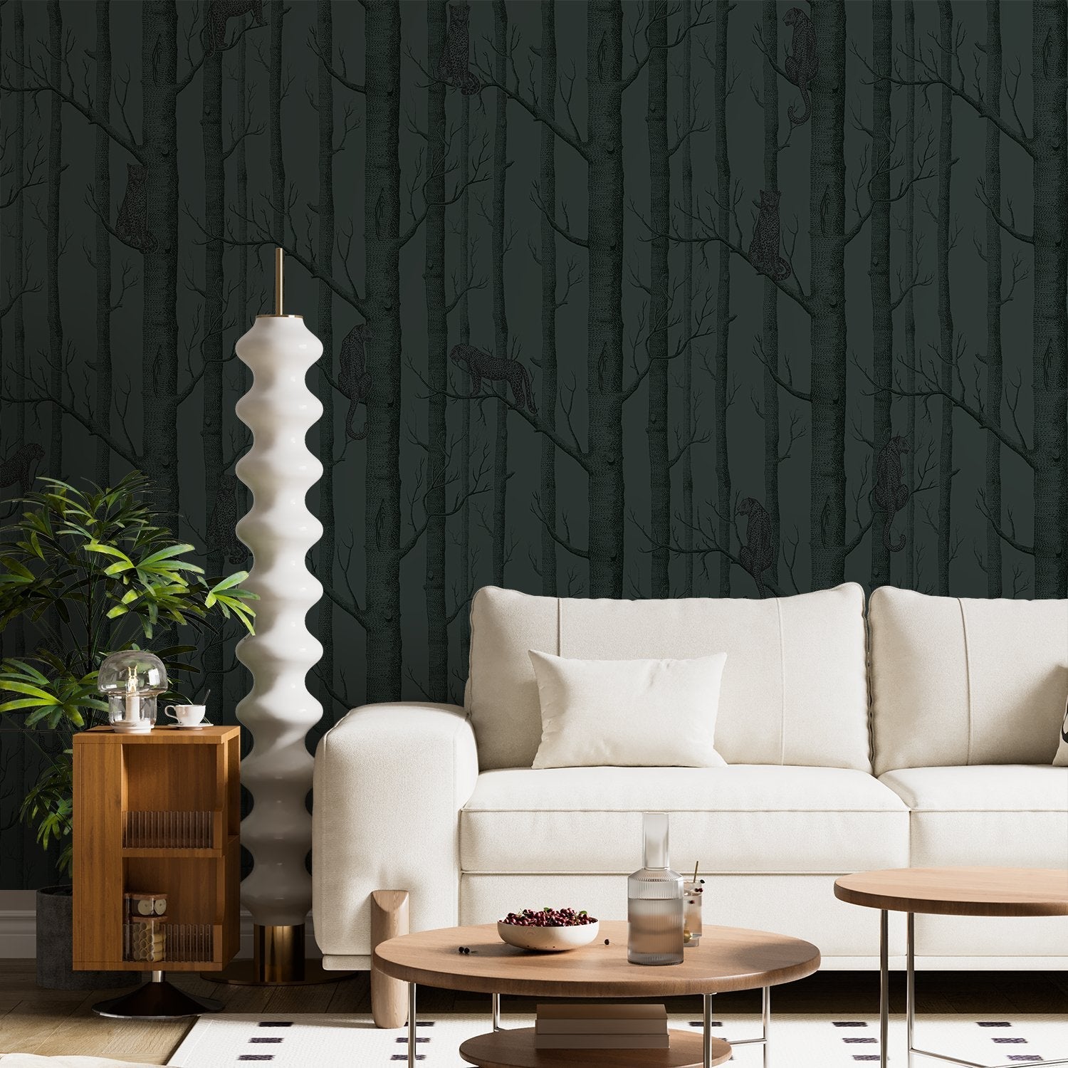Serene woodland scene with silver birch trees on sage green background, modern Scandinavian style - view 21 - final