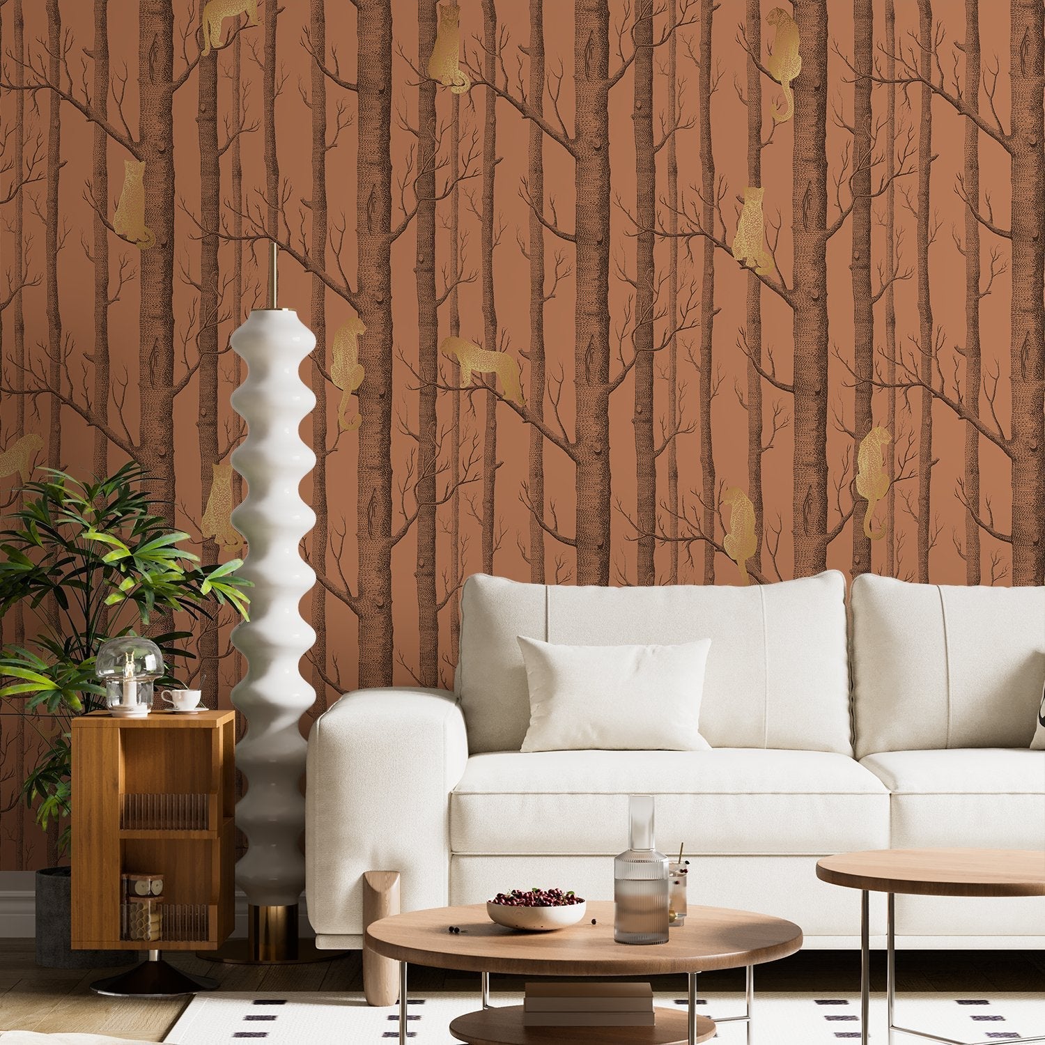 Serene woodland scene with silver birch trees on sage green background, modern Scandinavian style - view 25 - final