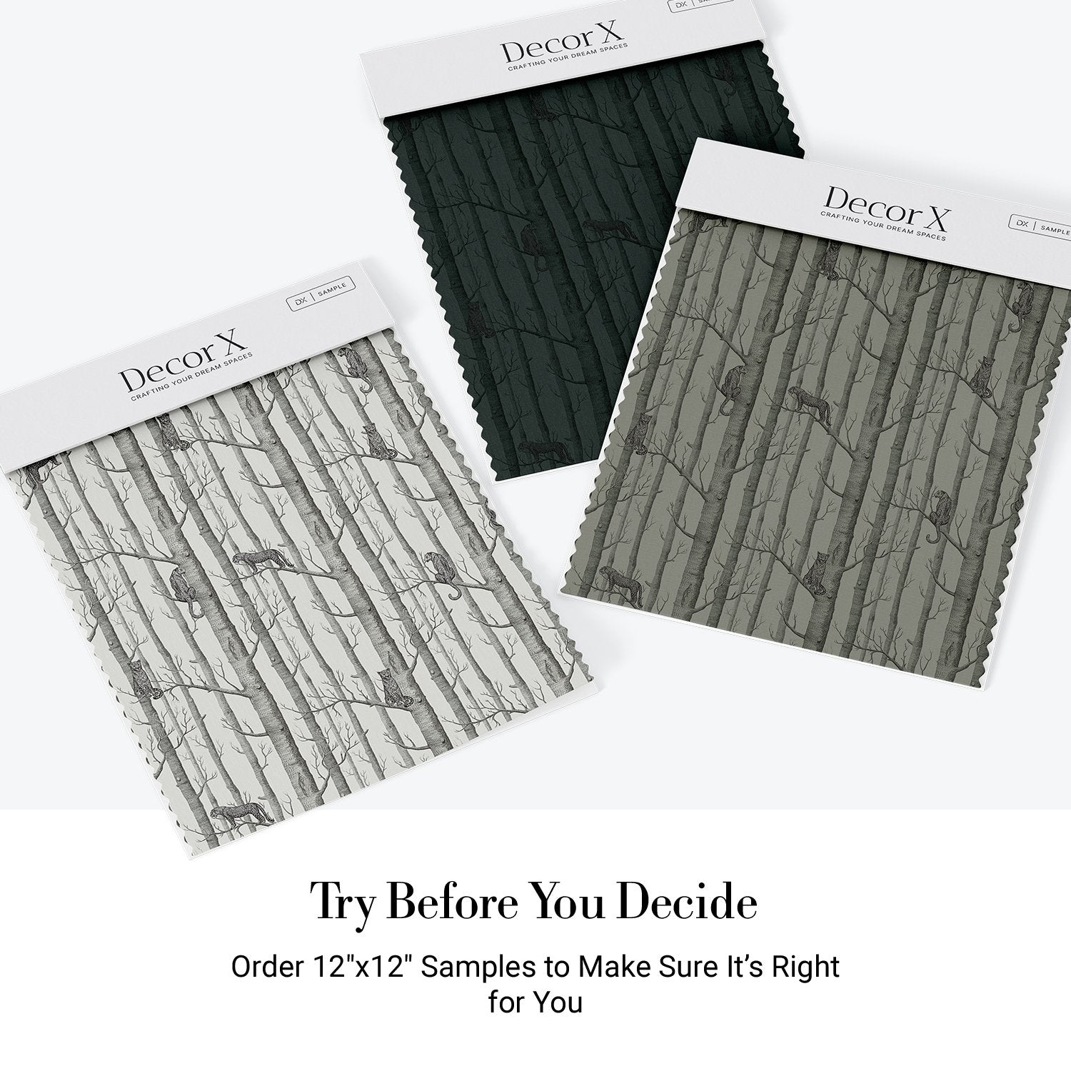 Serene woodland scene with silver birch trees on sage green background, modern Scandinavian style - view 29 - final all-groups samples