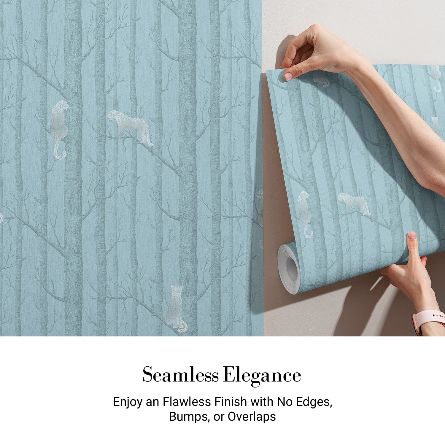 Serene woodland scene with silver birch trees on sage green background, modern Scandinavian style - view 3 - final