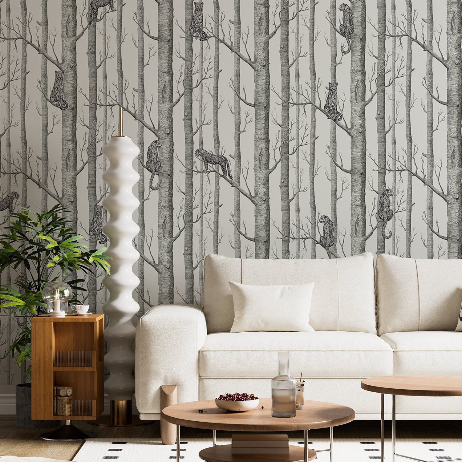 Serene woodland scene with silver birch trees on sage green background, modern Scandinavian style - view 7 - final