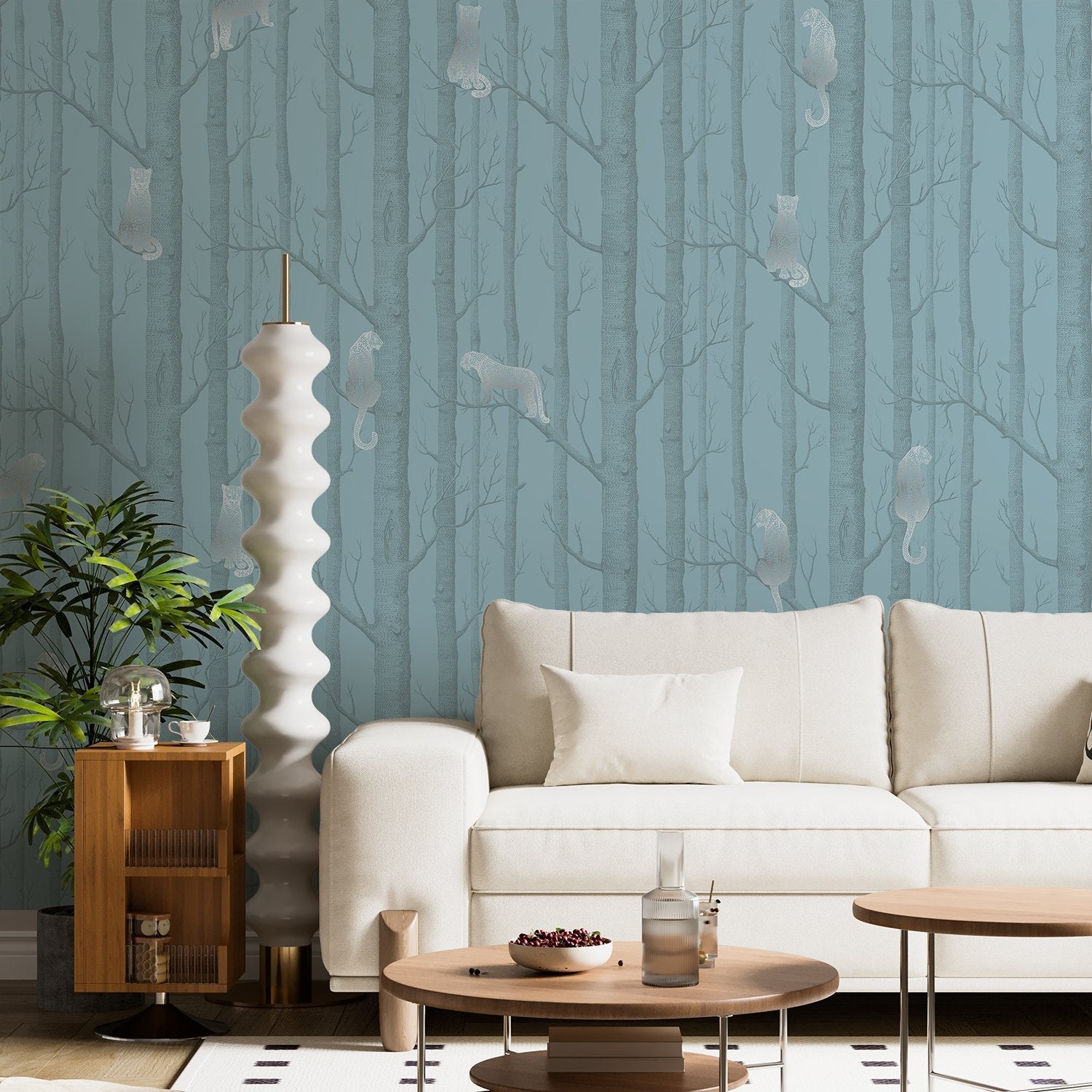 Serene woodland scene with silver birch trees on sage green background, modern Scandinavian style - final living-room