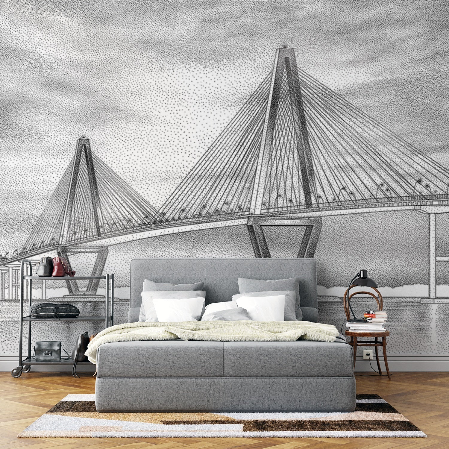 Dramatic black and white suspension bridge architectural mural with moody stormy sky backdrop - view 11 - final
