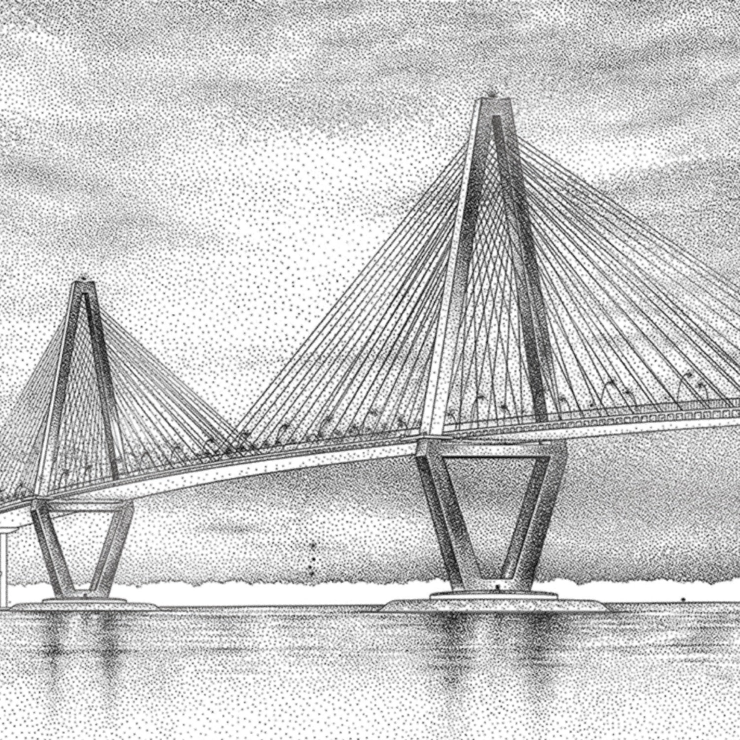 Dramatic black and white suspension bridge architectural mural with moody stormy sky backdrop - view 12 - final