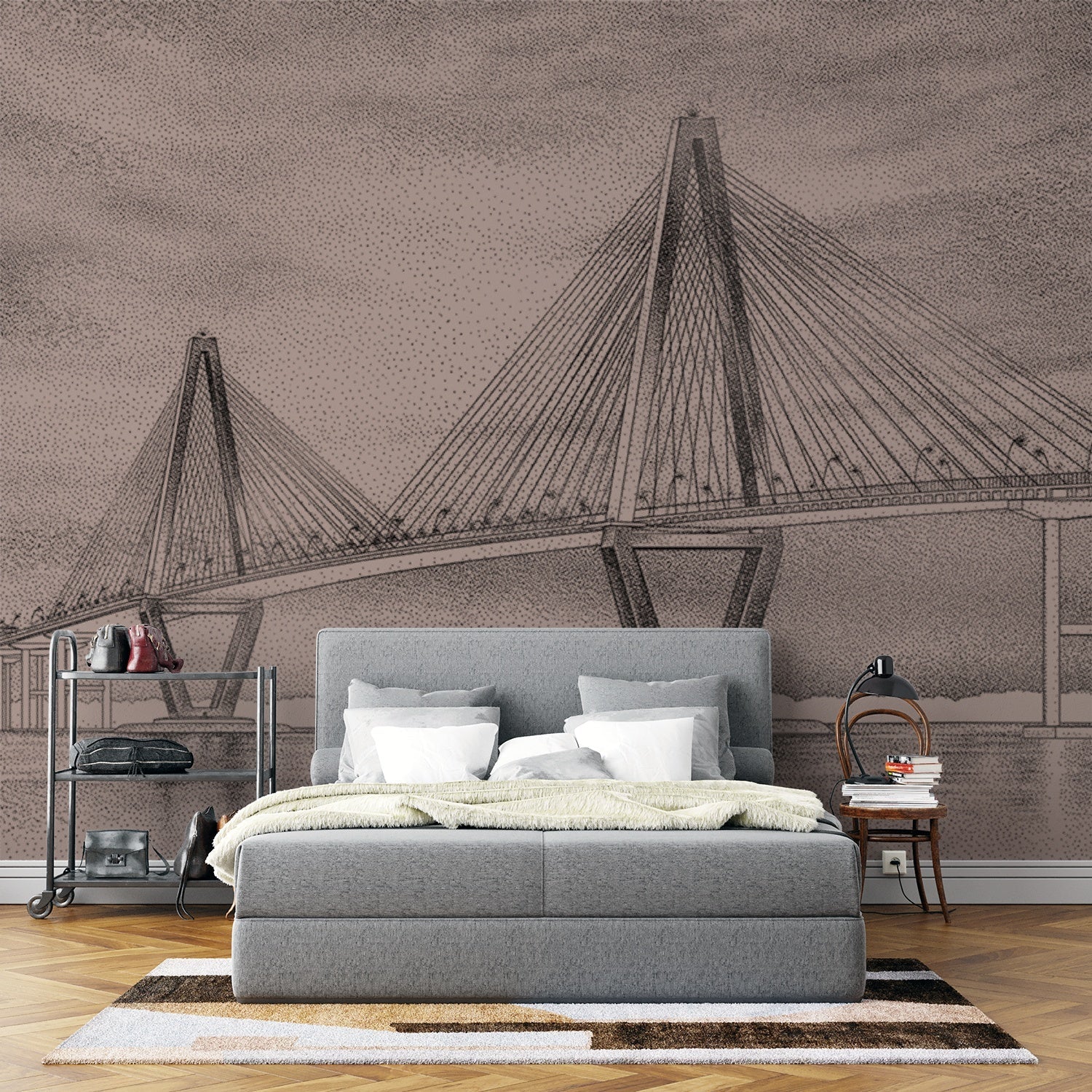 Dramatic black and white suspension bridge architectural mural with moody stormy sky backdrop - view 15 - final
