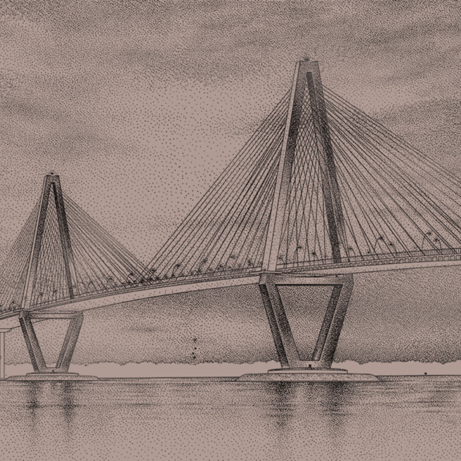 Dramatic black and white suspension bridge architectural mural with moody stormy sky backdrop - view 16 - final