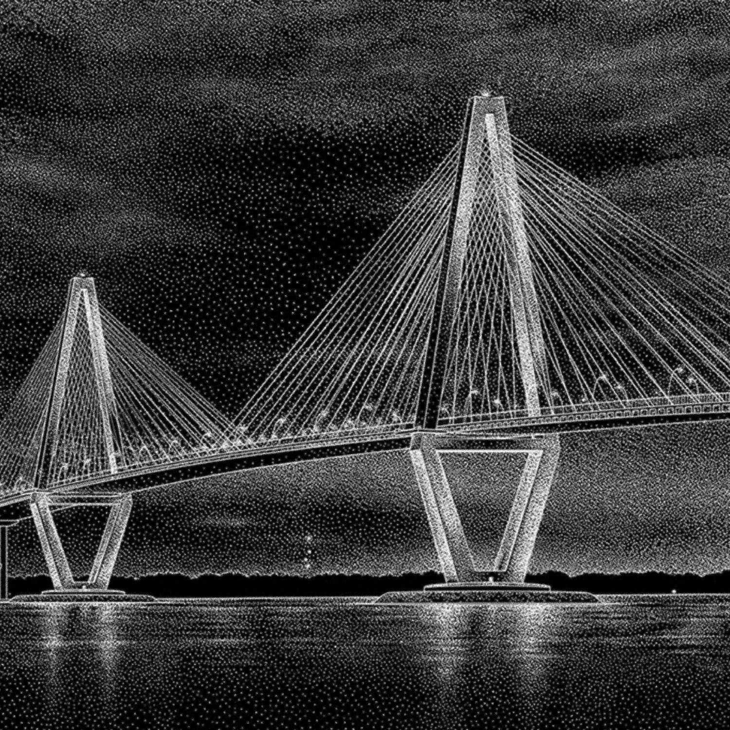 Dramatic black and white suspension bridge architectural mural with moody stormy sky backdrop - view 2 - final