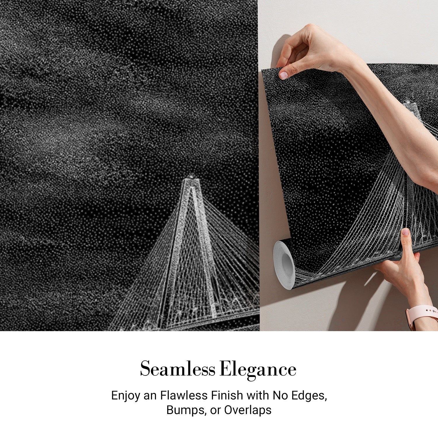 Dramatic black and white suspension bridge architectural mural with moody stormy sky backdrop - view 3 - final