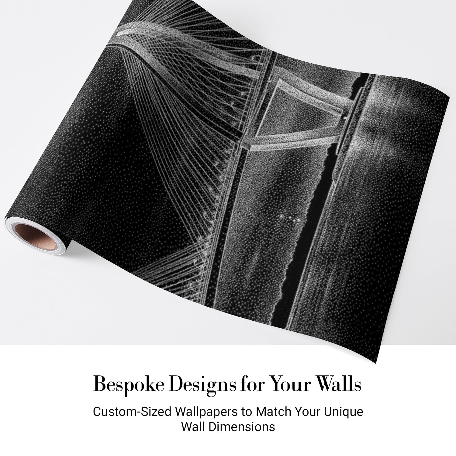 Dramatic black and white suspension bridge architectural mural with moody stormy sky backdrop - view 4 - final