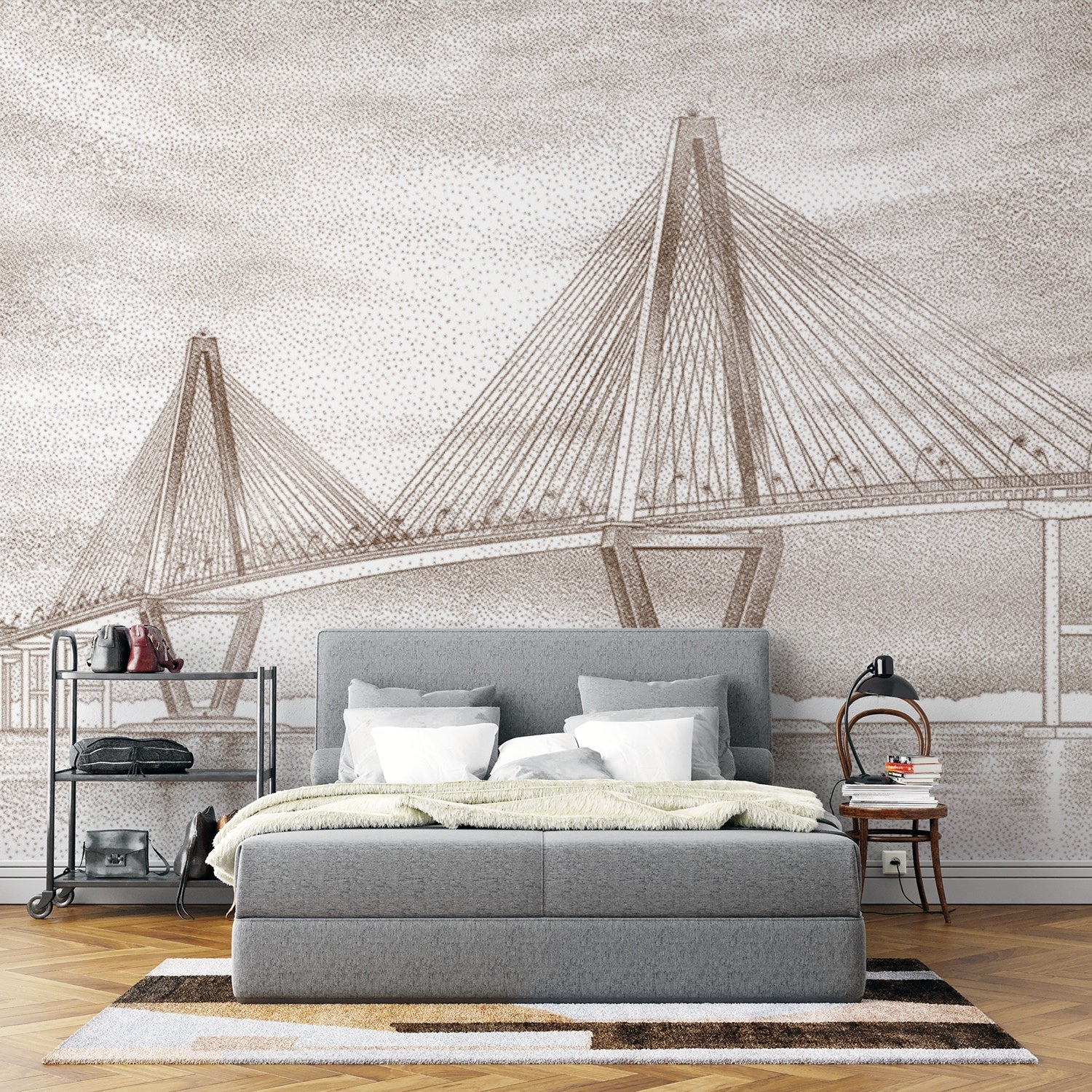 Dramatic black and white suspension bridge architectural mural with moody stormy sky backdrop - view 7 - final