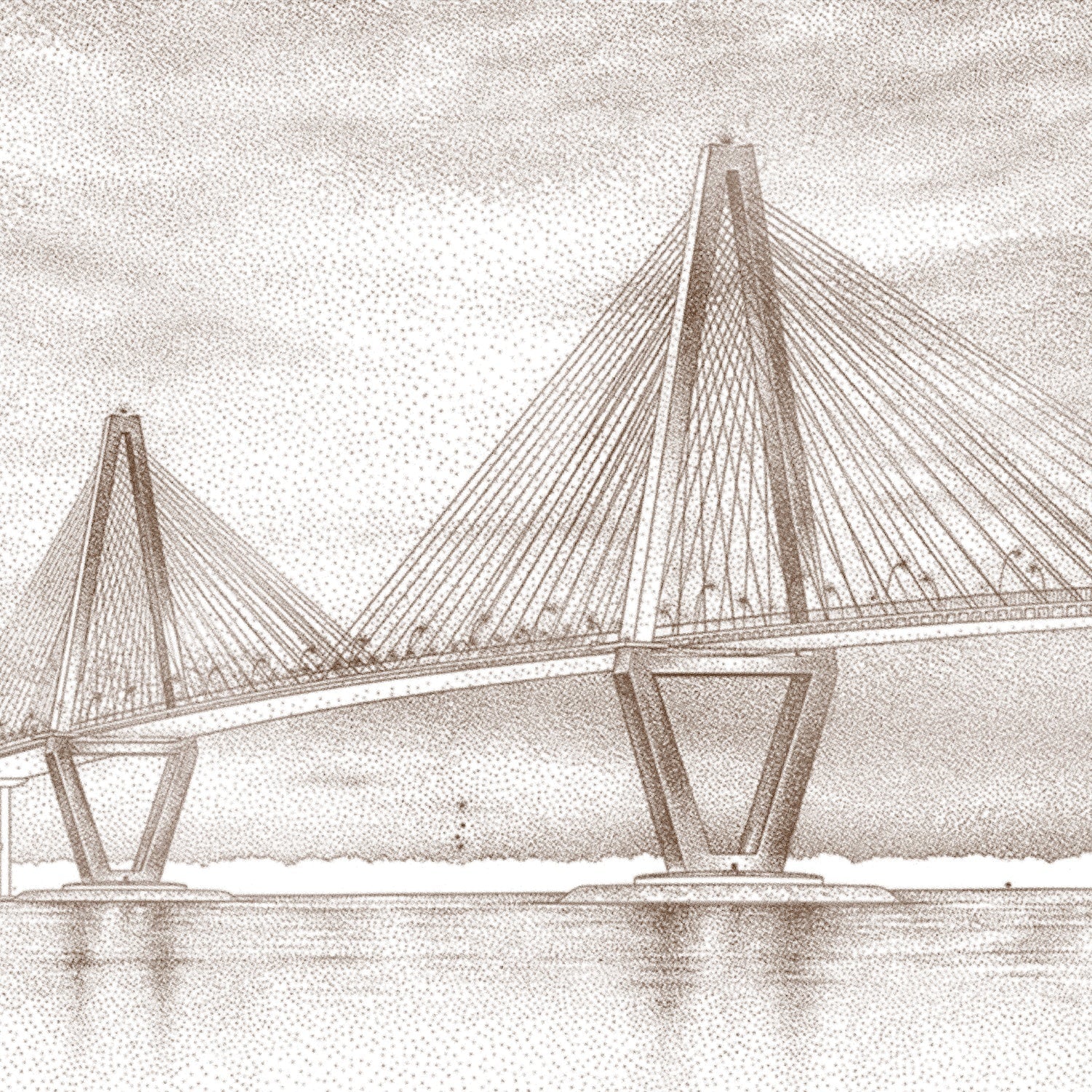 Dramatic black and white suspension bridge architectural mural with moody stormy sky backdrop - view 8 - final