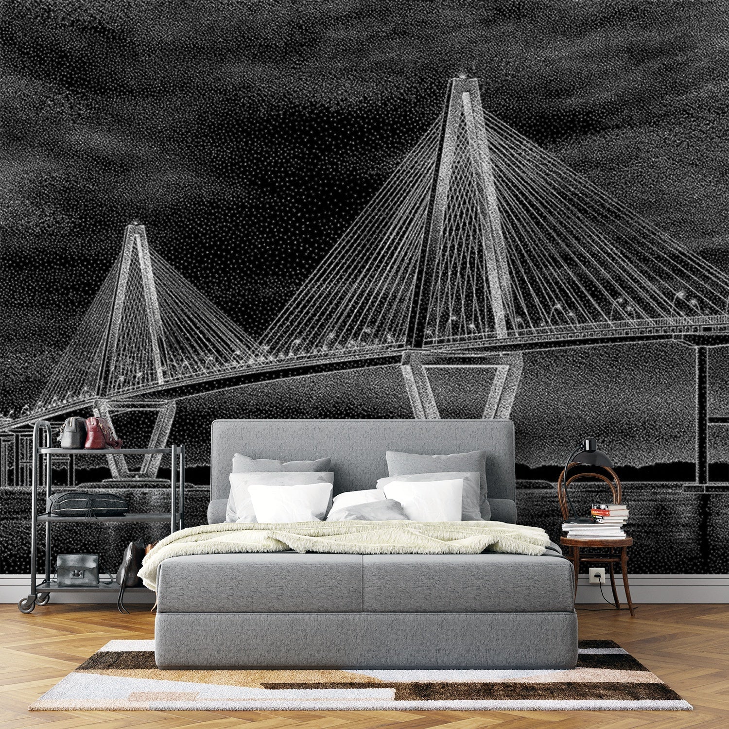 Dramatic black and white suspension bridge architectural mural with moody stormy sky backdrop - final bed-room