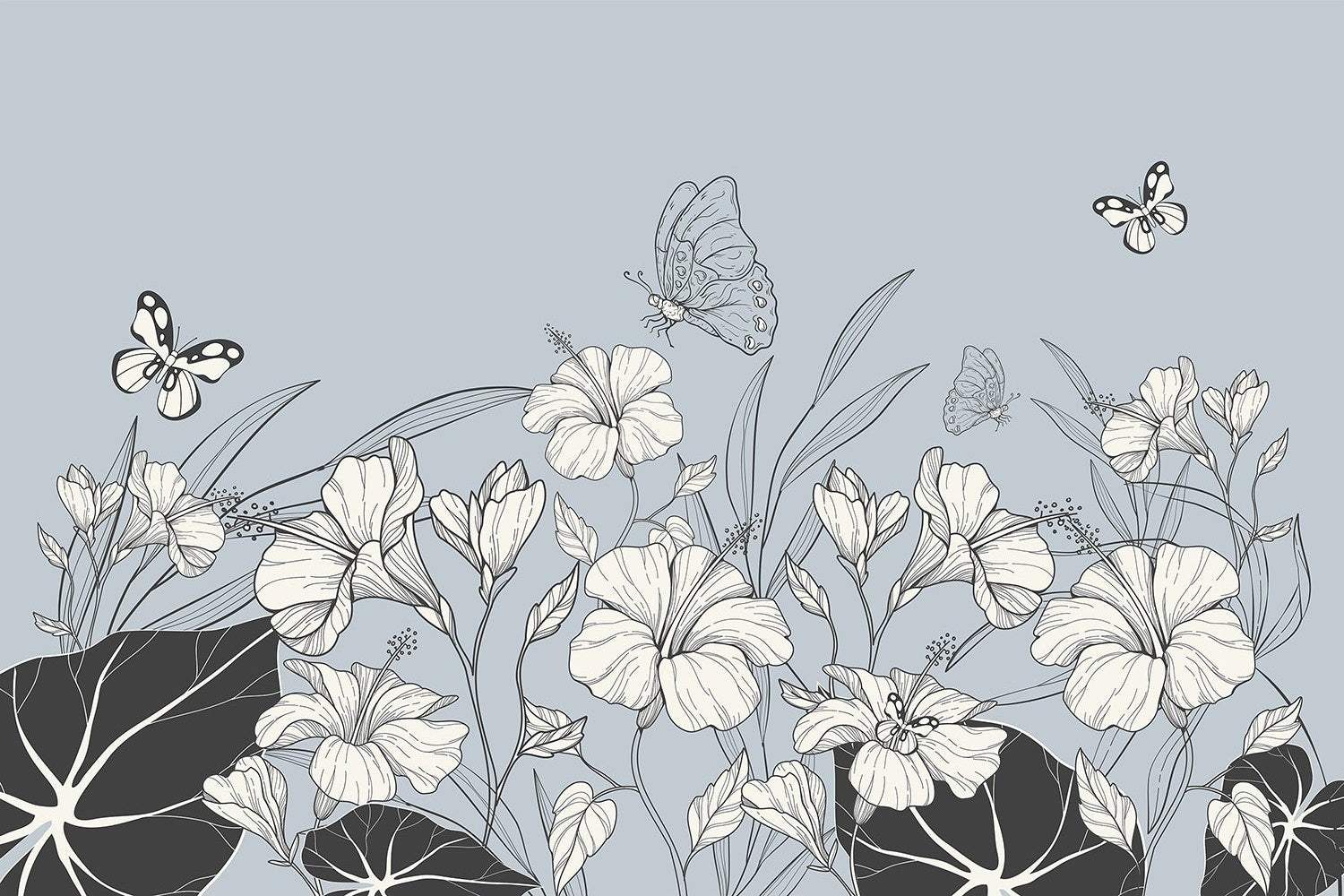 "Butterfly and floral design in lea - modern wallpaper mural-inequal final"