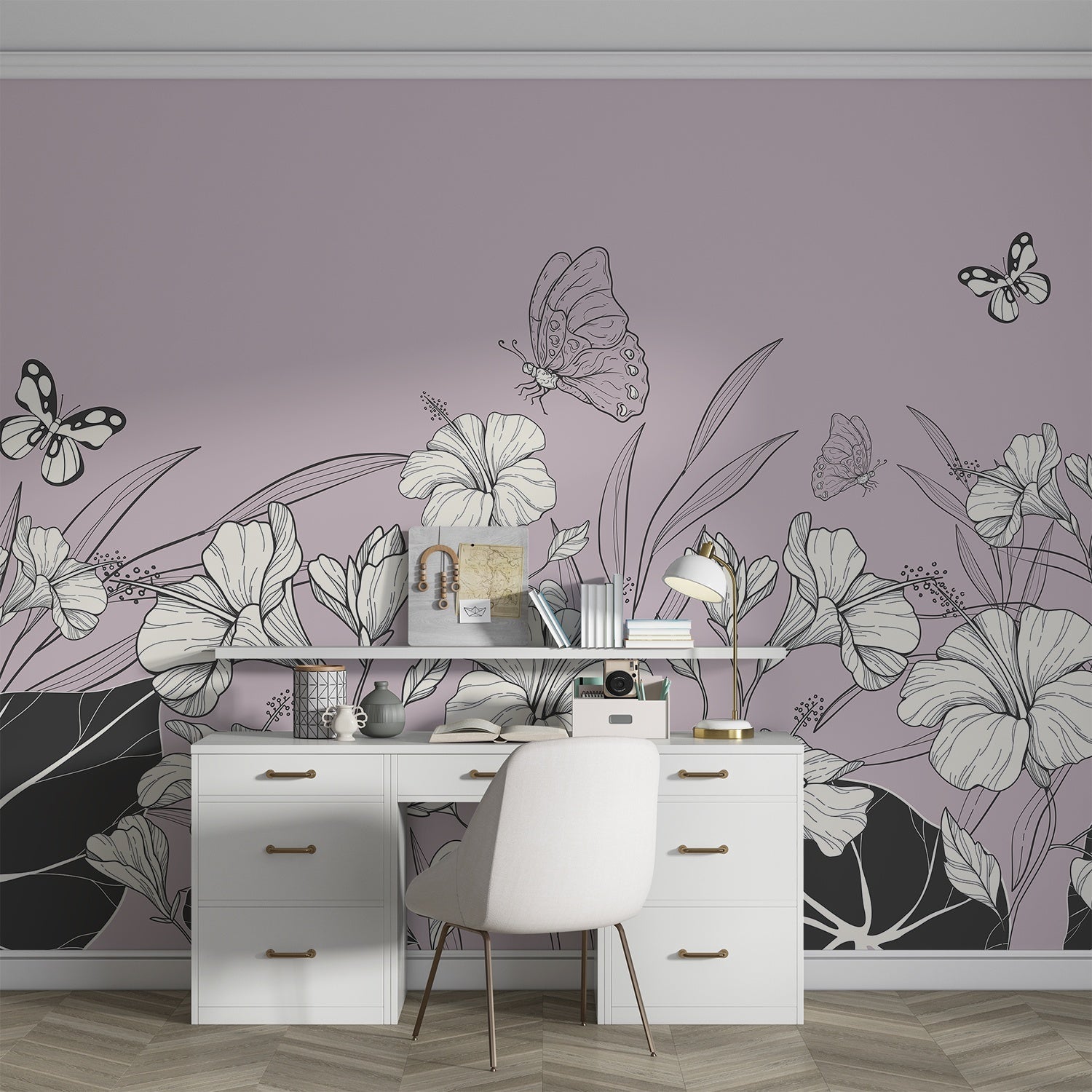 Large grayscale hibiscus flowers and butterflies create elegant modern botanical mural on gray background - view 11 - final