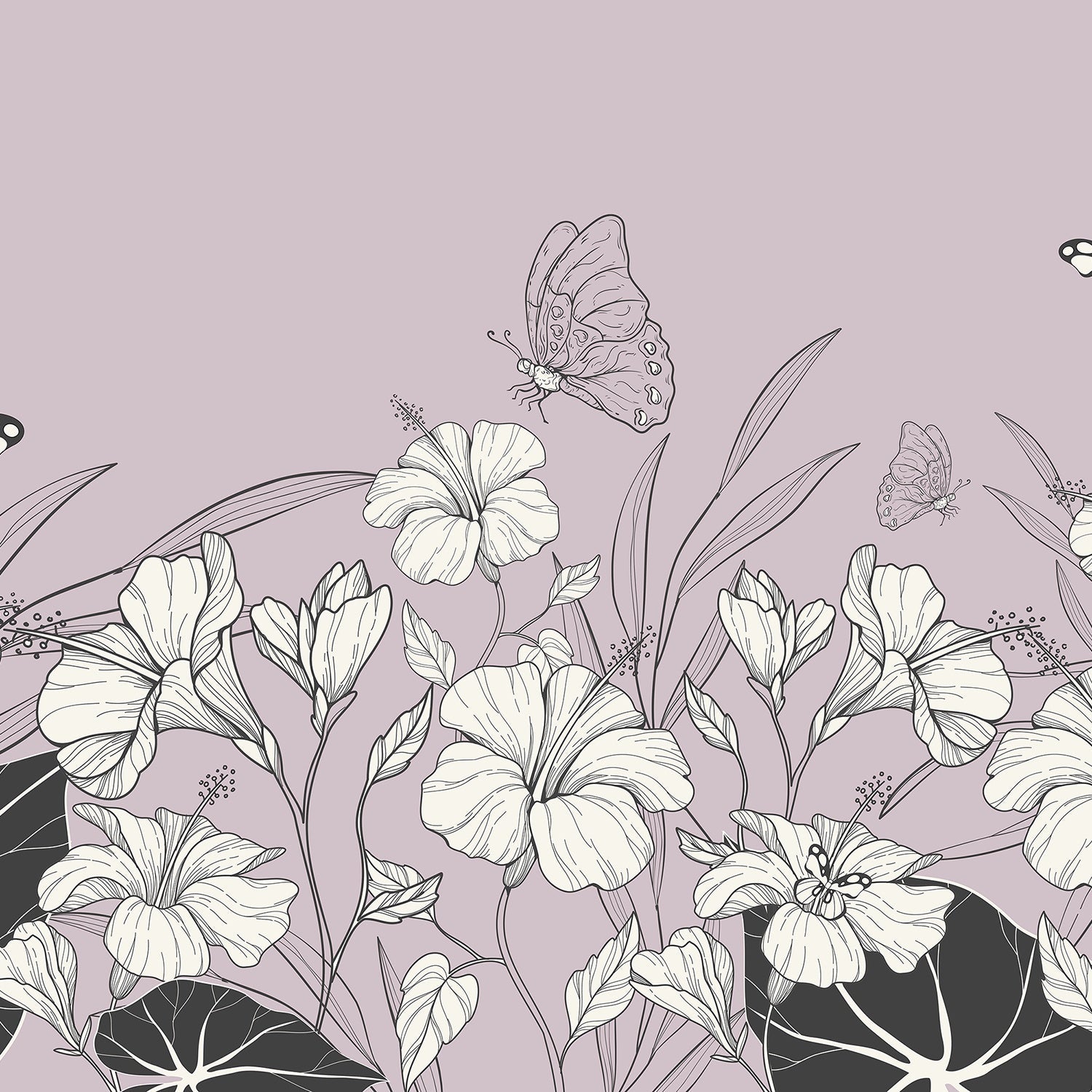 Large grayscale hibiscus flowers and butterflies create elegant modern botanical mural on gray background - view 12 - final