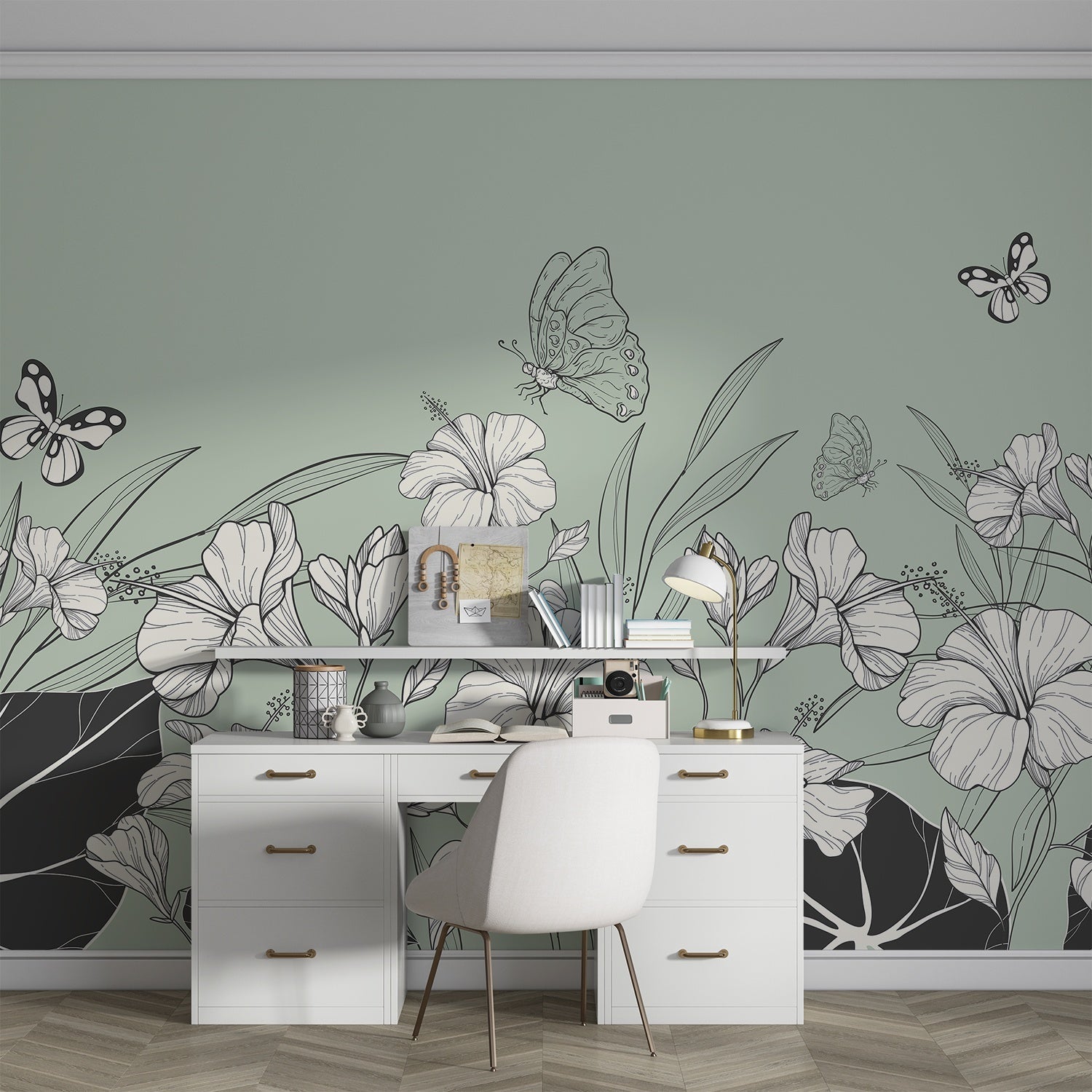 Large grayscale hibiscus flowers and butterflies create elegant modern botanical mural on gray background - view 15 - final