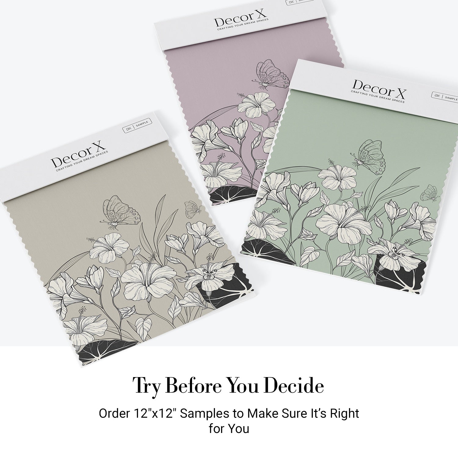 Large grayscale hibiscus flowers and butterflies create elegant modern botanical mural on gray background - view 19 - final all-groups samples