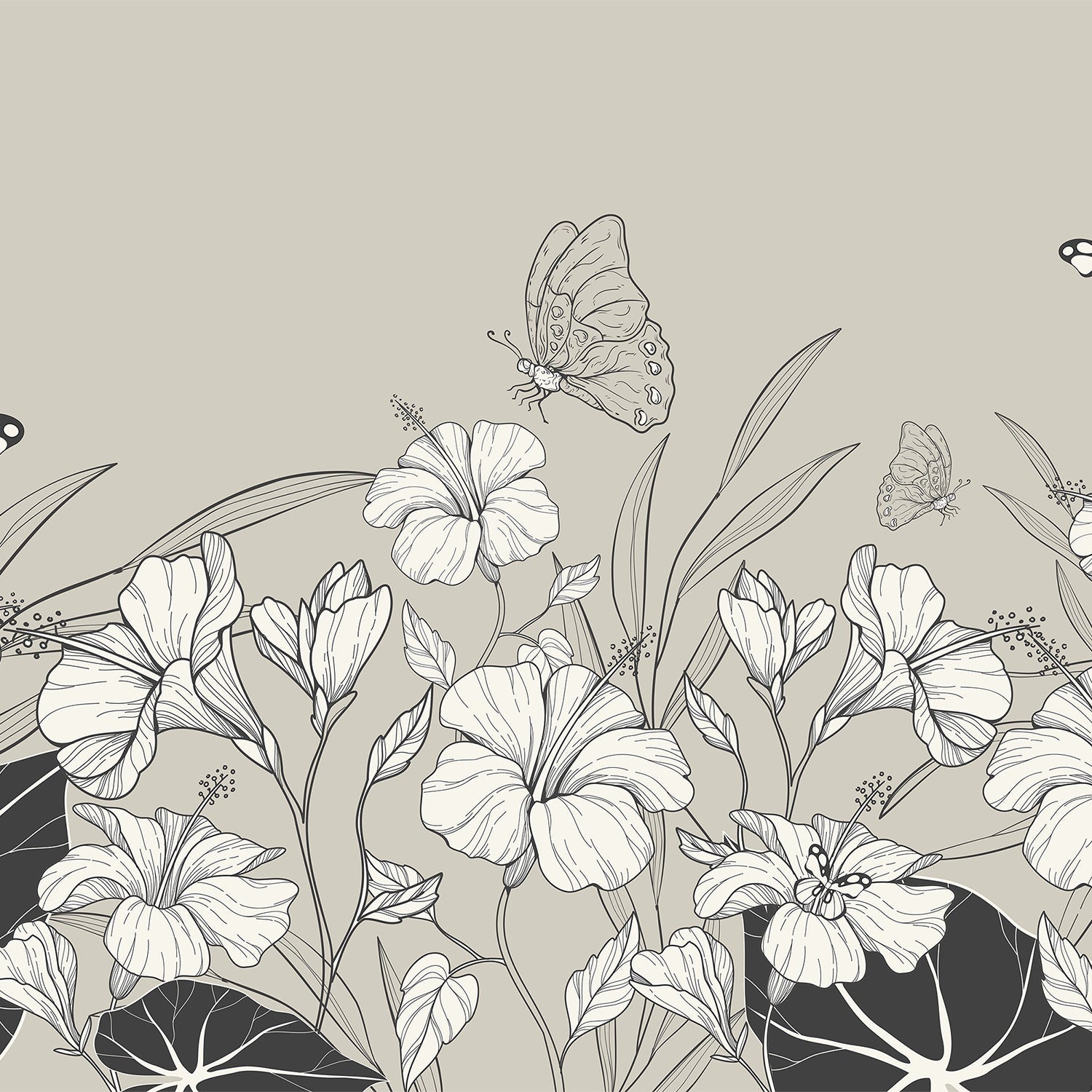 Large grayscale hibiscus flowers and butterflies create elegant modern botanical mural on gray background - view 2 - final