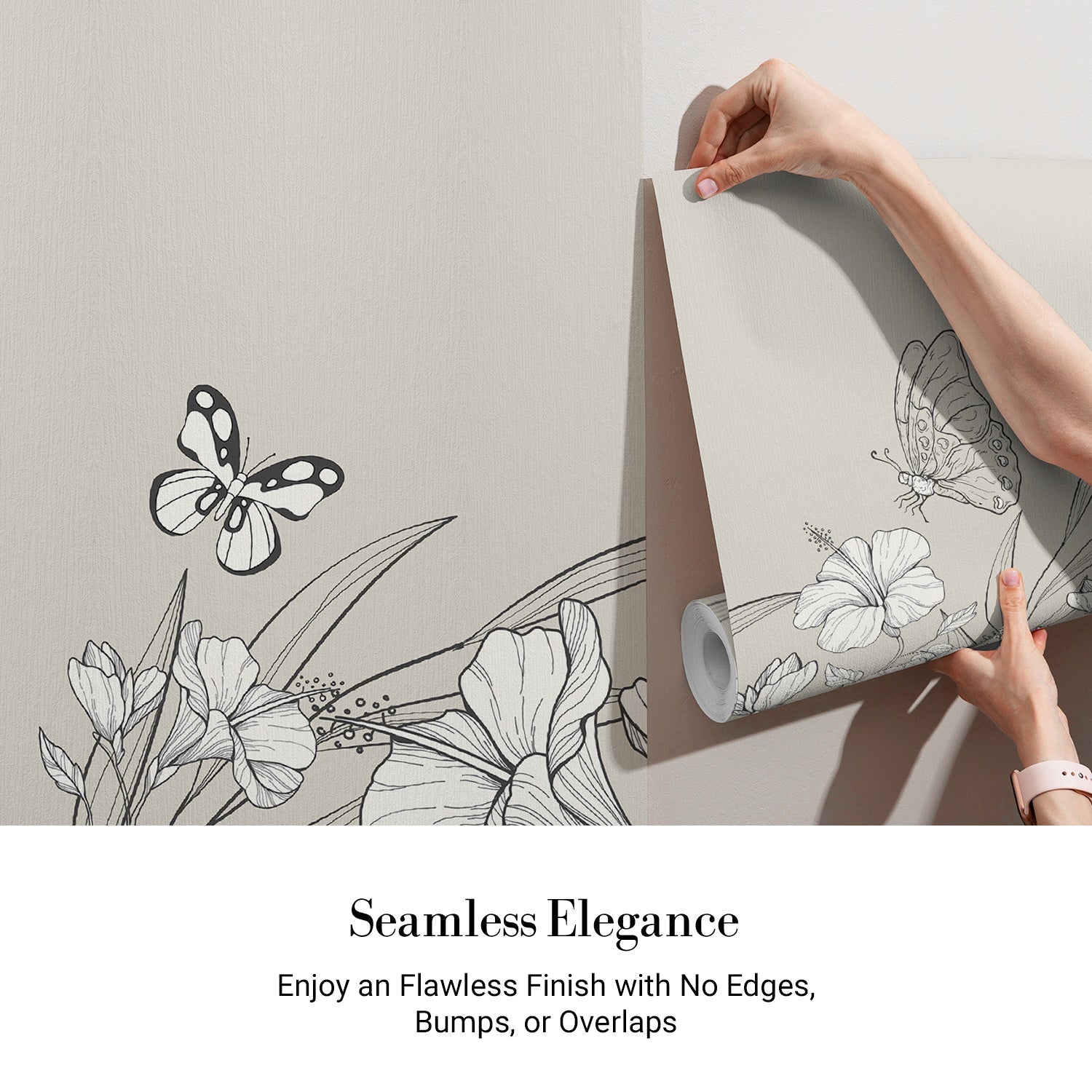 Large grayscale hibiscus flowers and butterflies create elegant modern botanical mural on gray background - view 3 - final