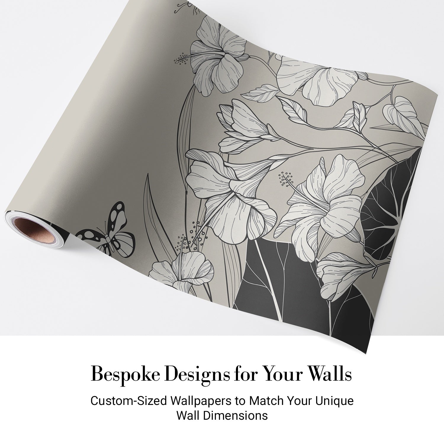 Large grayscale hibiscus flowers and butterflies create elegant modern botanical mural on gray background - view 4 - final