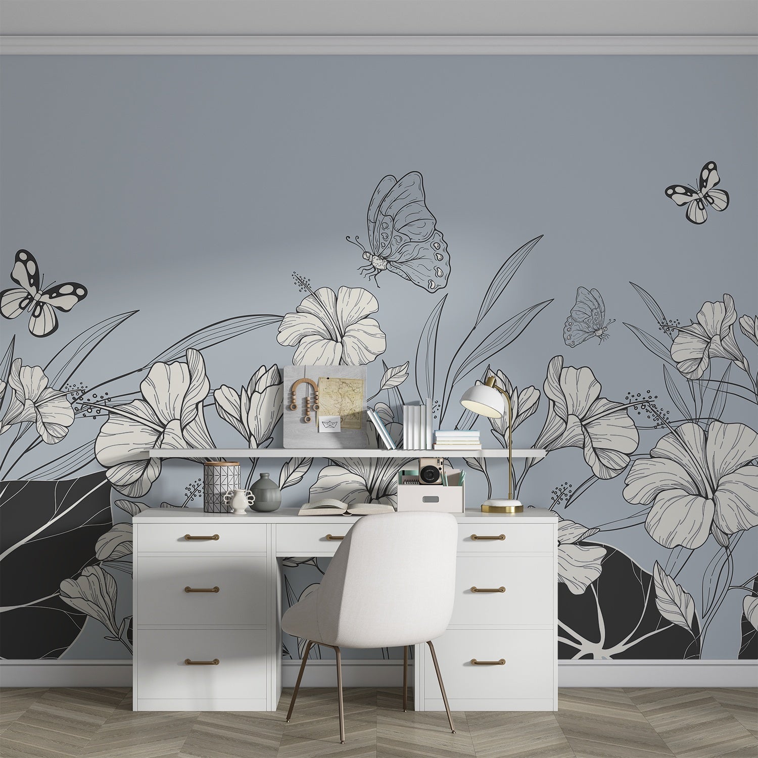 Large grayscale hibiscus flowers and butterflies create elegant modern botanical mural on gray background - view 7 - final