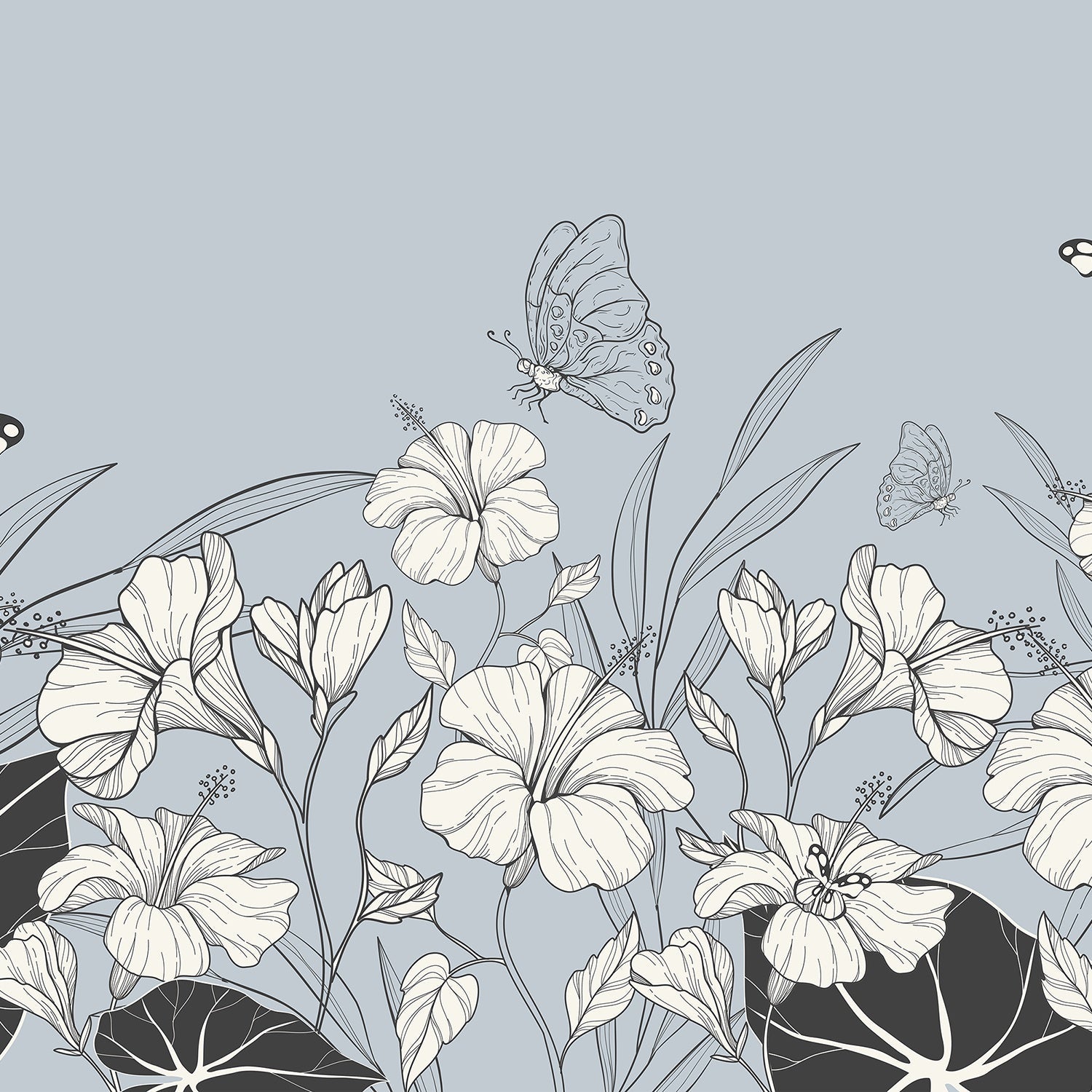 Large grayscale hibiscus flowers and butterflies create elegant modern botanical mural on gray background - view 8 - final