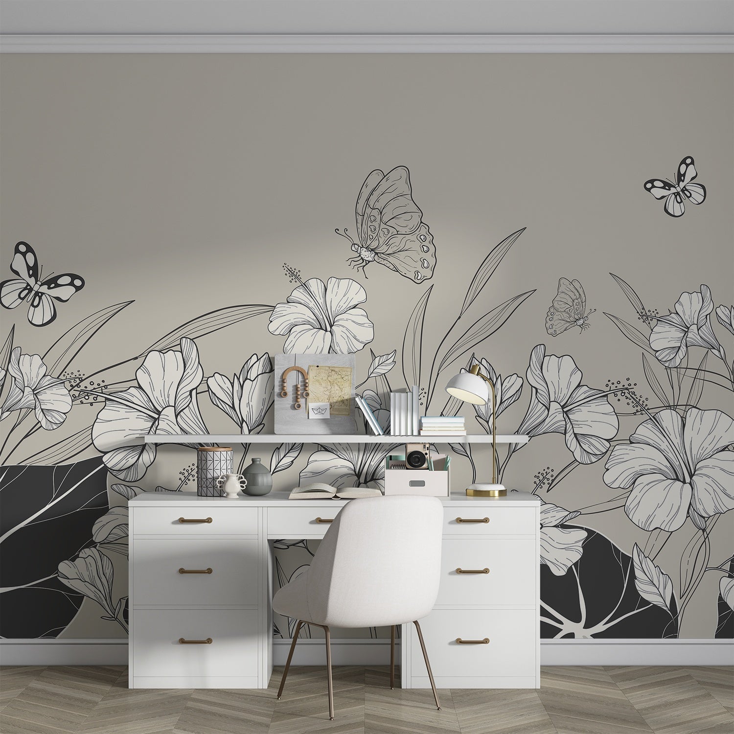 Large grayscale hibiscus flowers and butterflies create elegant modern botanical mural on gray background - final hobby-room