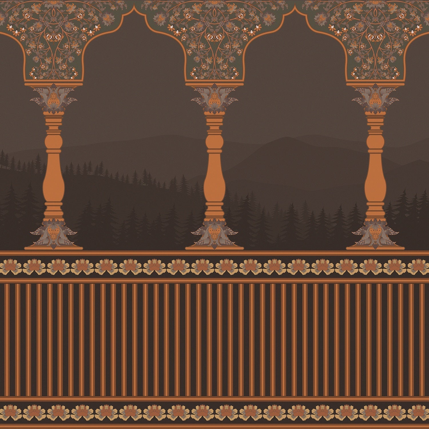 Ornate arched colonnade with forest silhouettes in emerald green and gold architectural details - view 12 - final